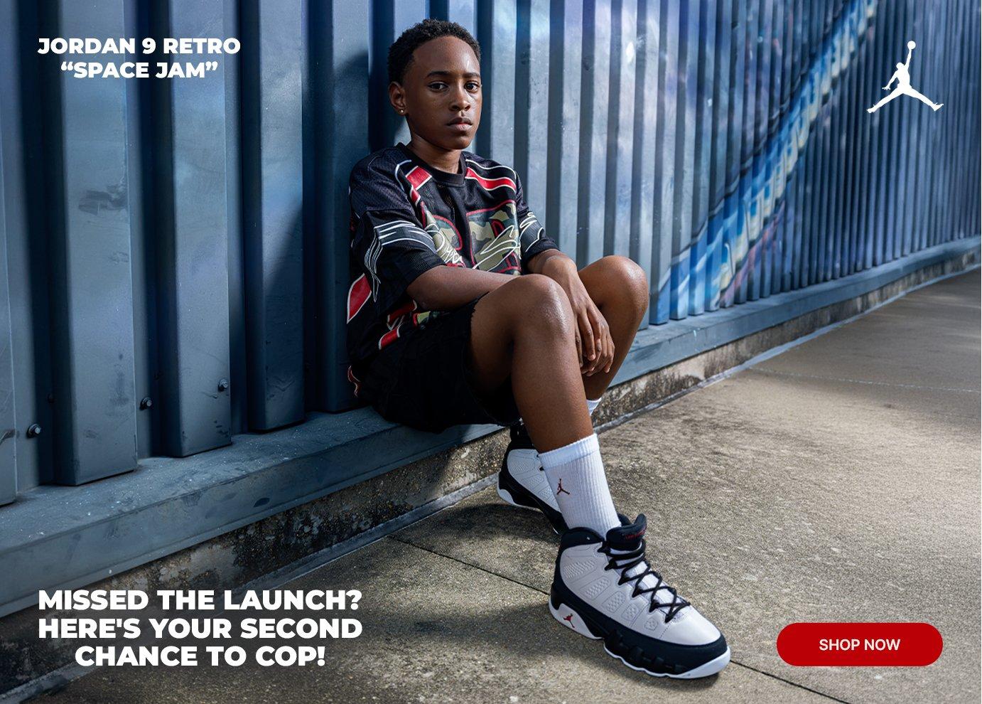 Jordan 9 Retro “Space Jam” sneakers with basketball-themed campaign imagery and Shop Now call-to-action.