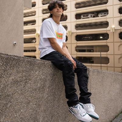 Tapered denim on model