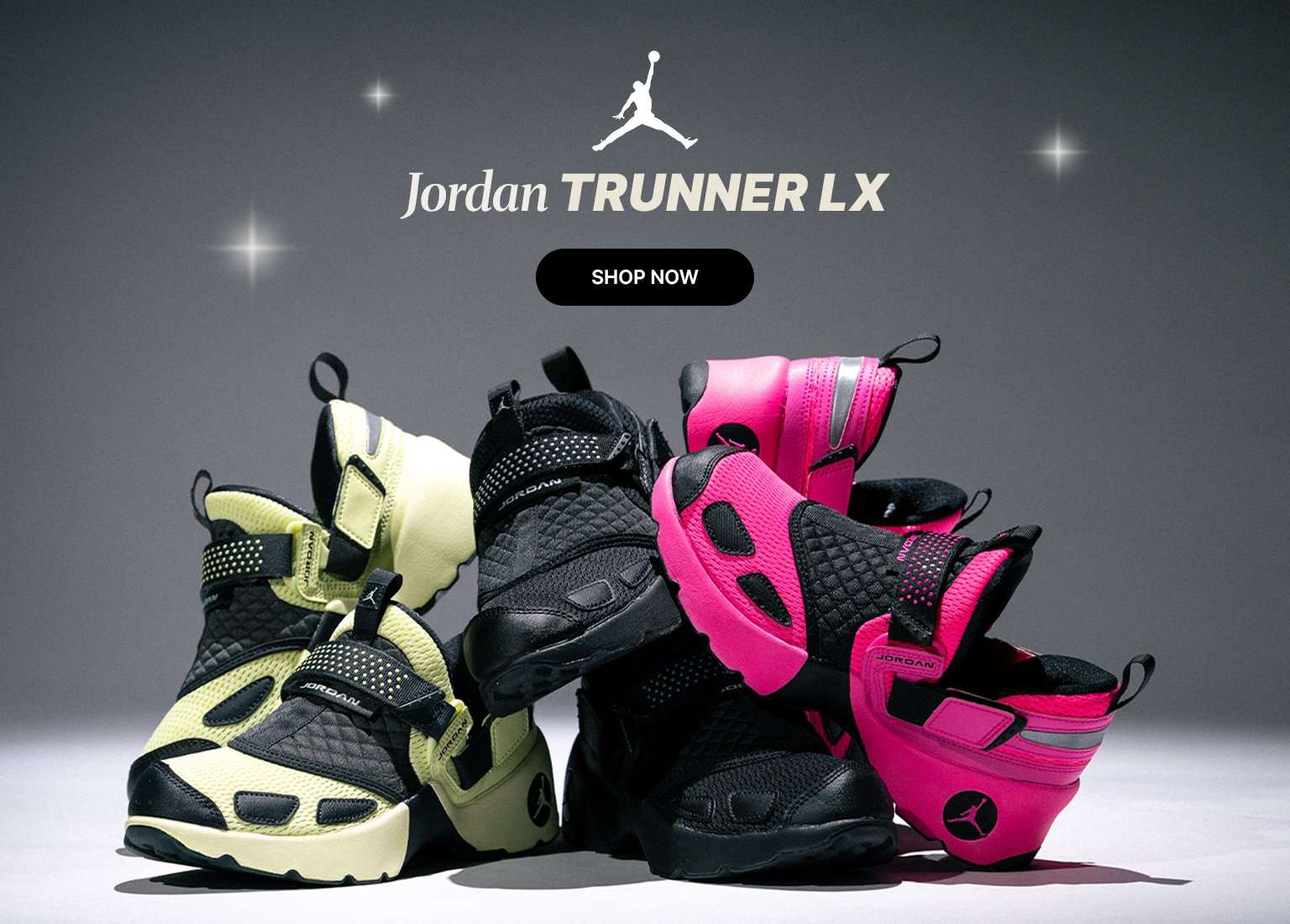 Jordan Trunner LX sneakers in black/neon yellow and black/hot pink stacked in the center of the image. The Jordan logo is in the upper left corner and the text Jordan TRUNNER LX is centered above the shoes. A SHOP NOW button is at the bottom center.