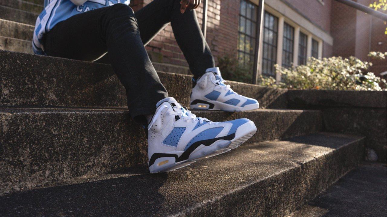 blue and white jordan 6's