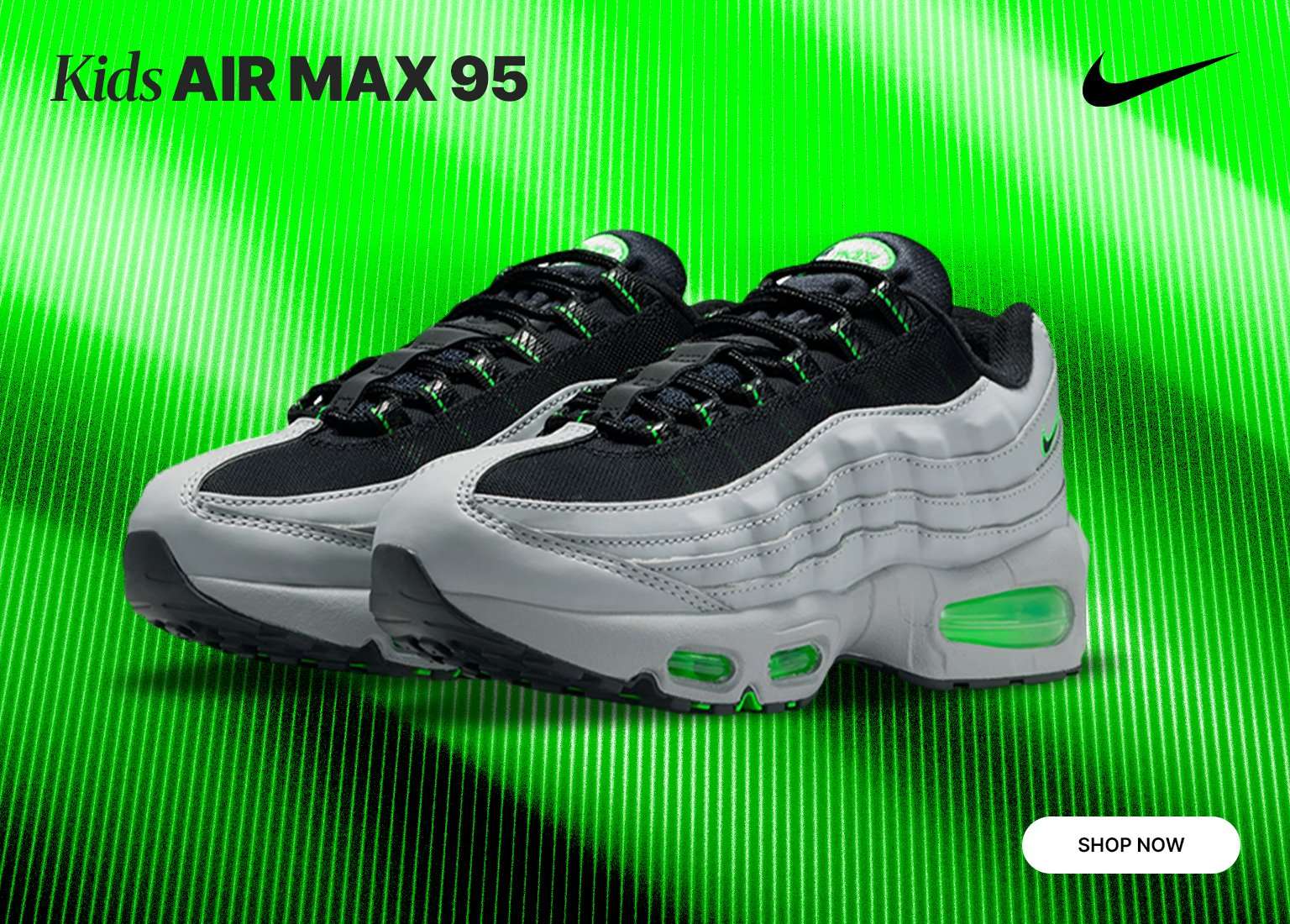 Kids Air Max 95 in Black and Volt Green on digital green and black background.