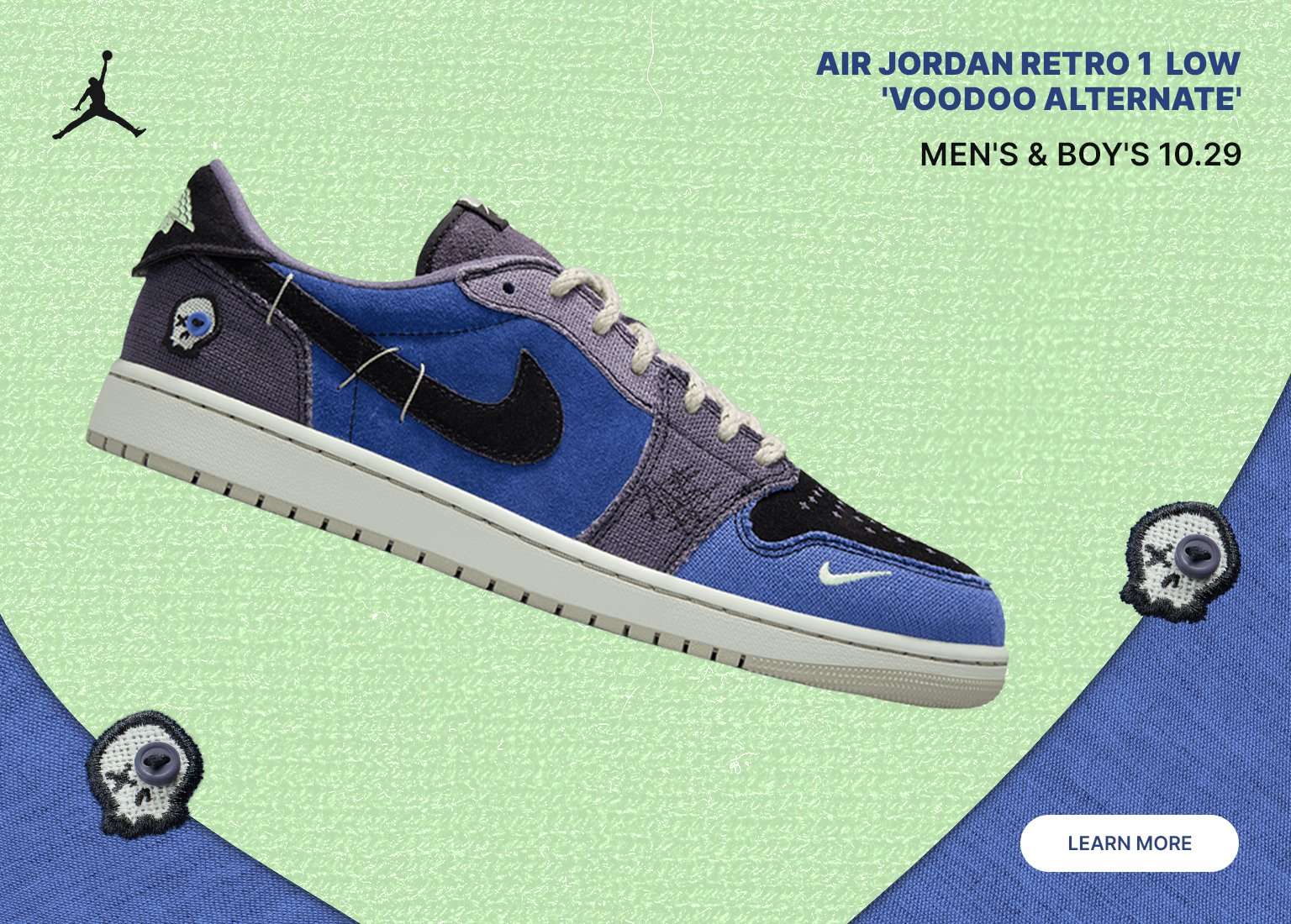Air Jordan 1 Retro Low Voodoo Alternate release banner showing the blue and purple shoe and a model wearing a matching black t-shirt.