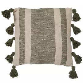 Cream & Green Woven Tassel Pillow