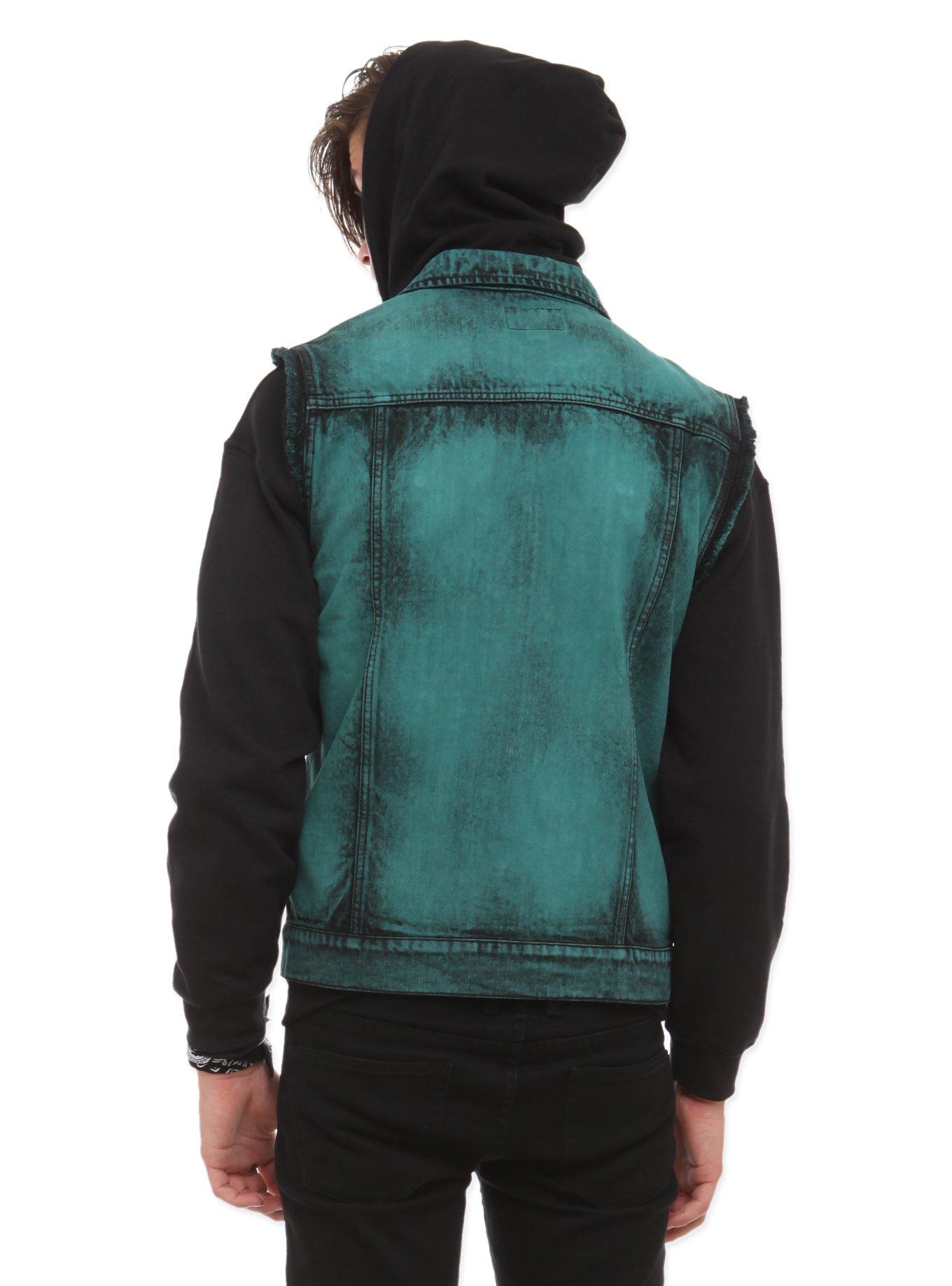 RUDE Turquoise Cloud Wash Hooded Denim Vest, , alternate