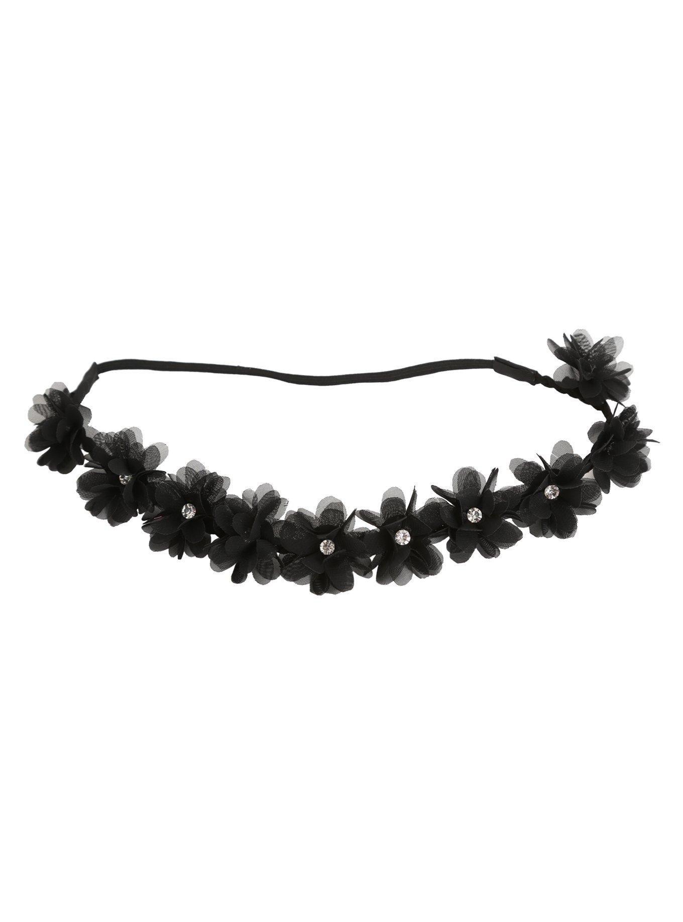 Black Bling Flower Stretch Headband, , alternate