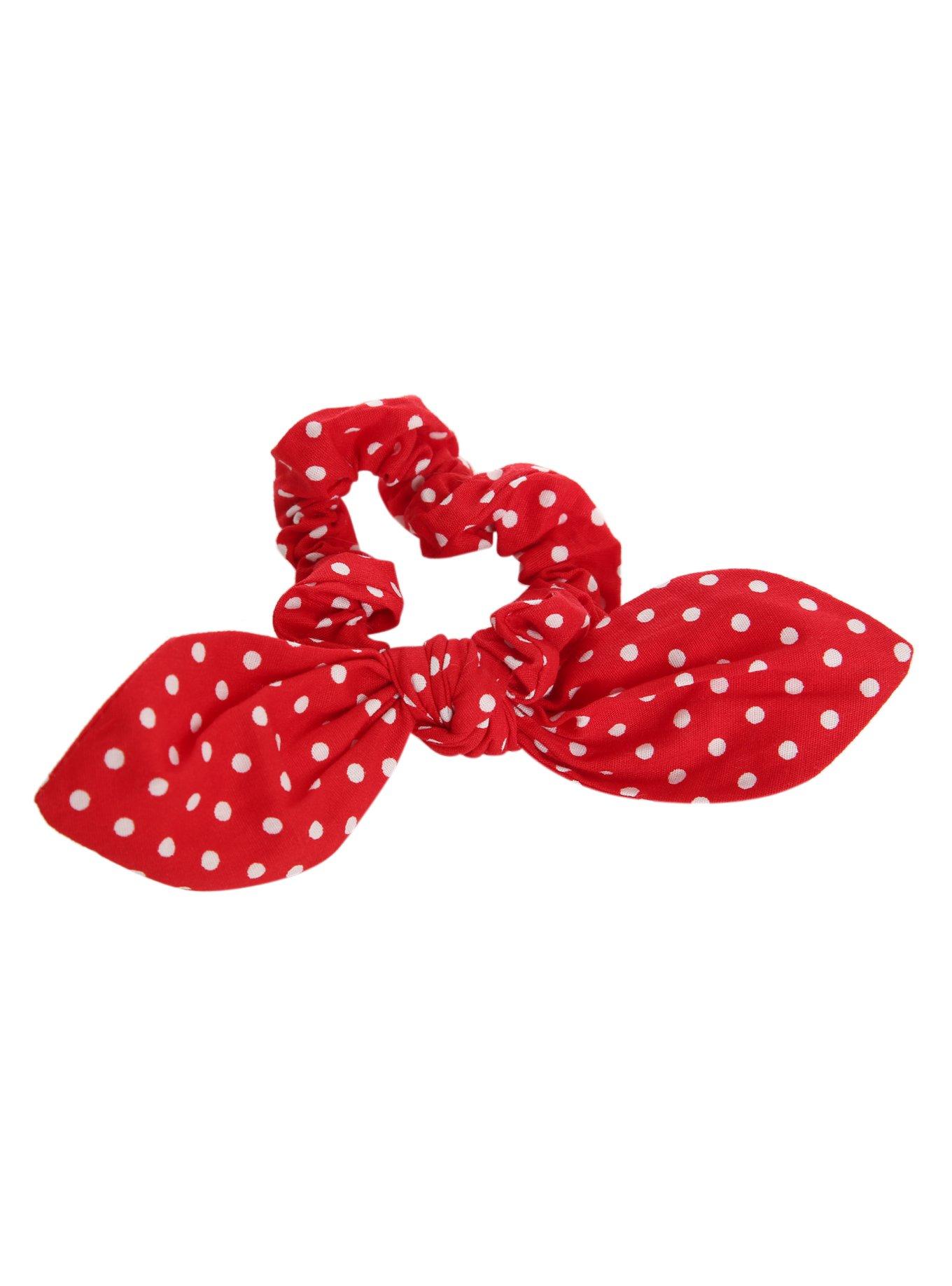 Red White Polka Dot Bow Scrunchie, , alternate