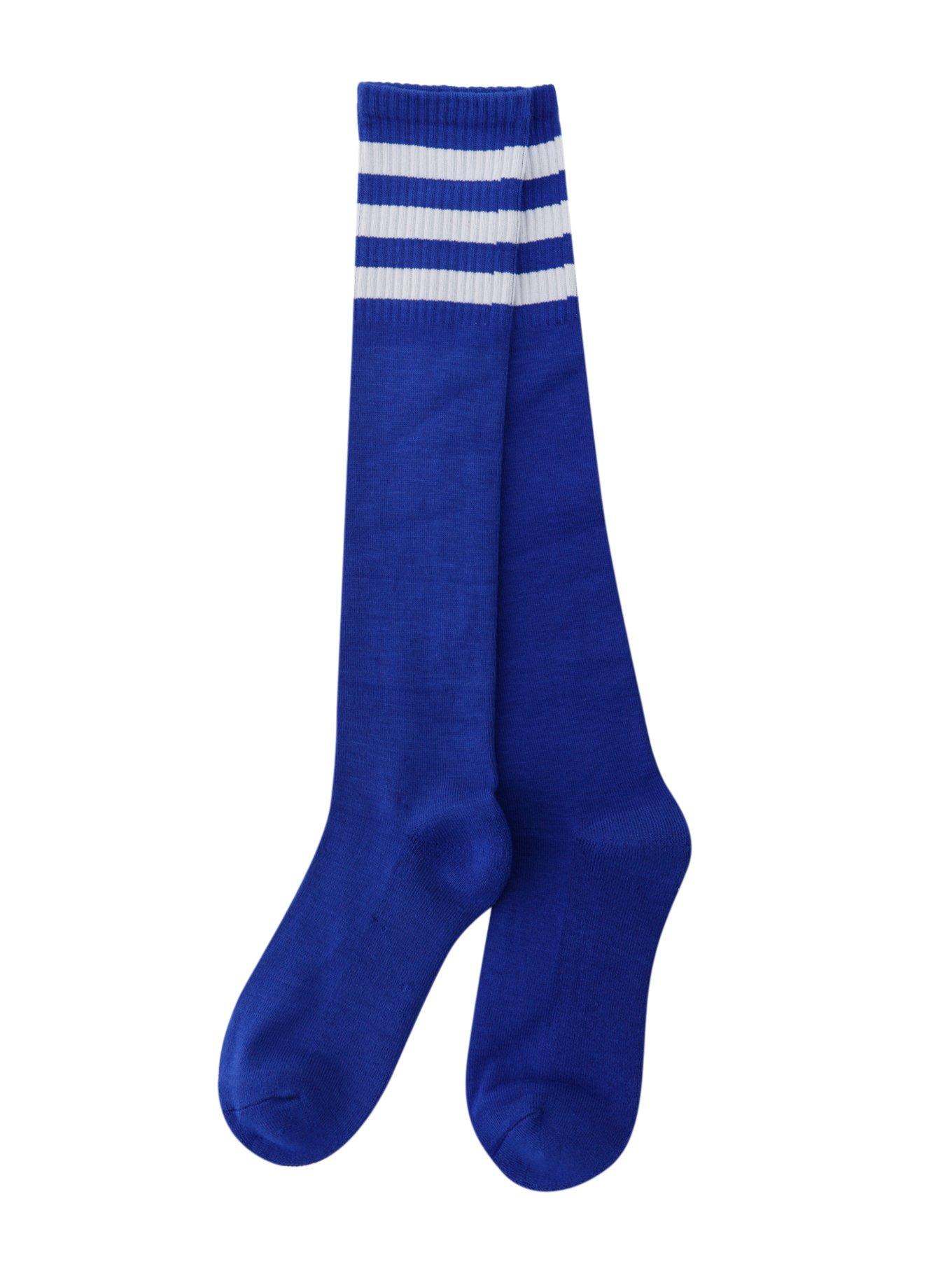 Blue And White Knee-High Crew Socks, , alternate