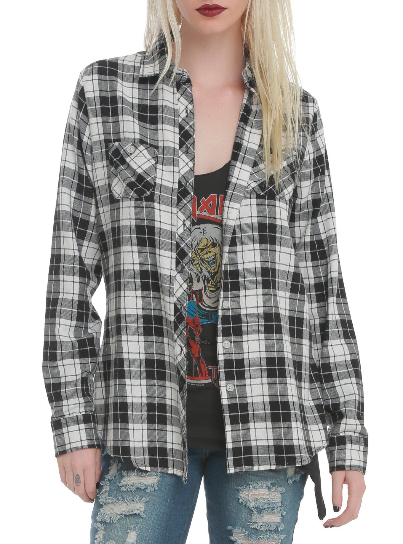 Black & White Plaid Skull Woven Top, , alternate