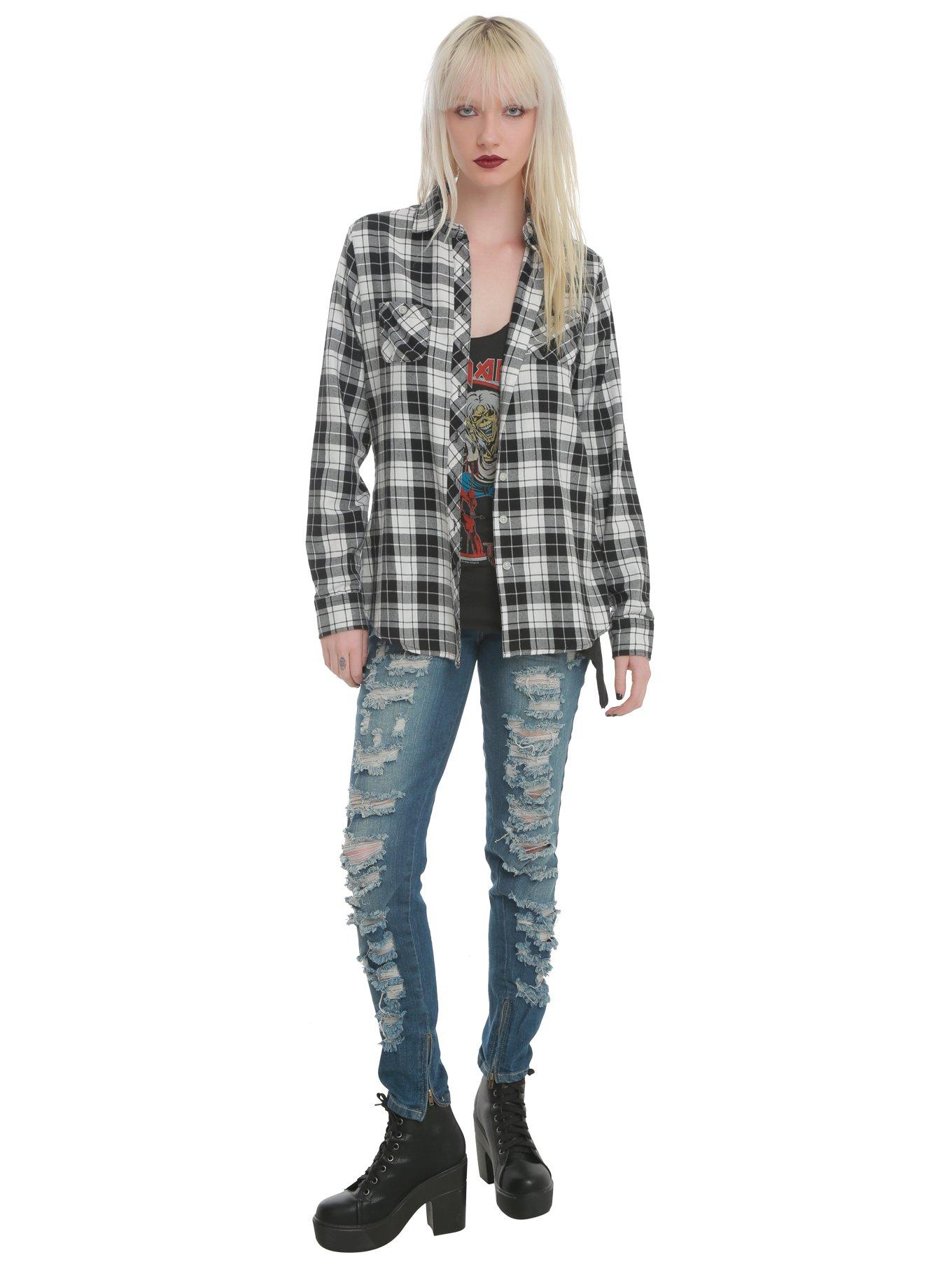 Black & White Plaid Skull Woven Top, , alternate