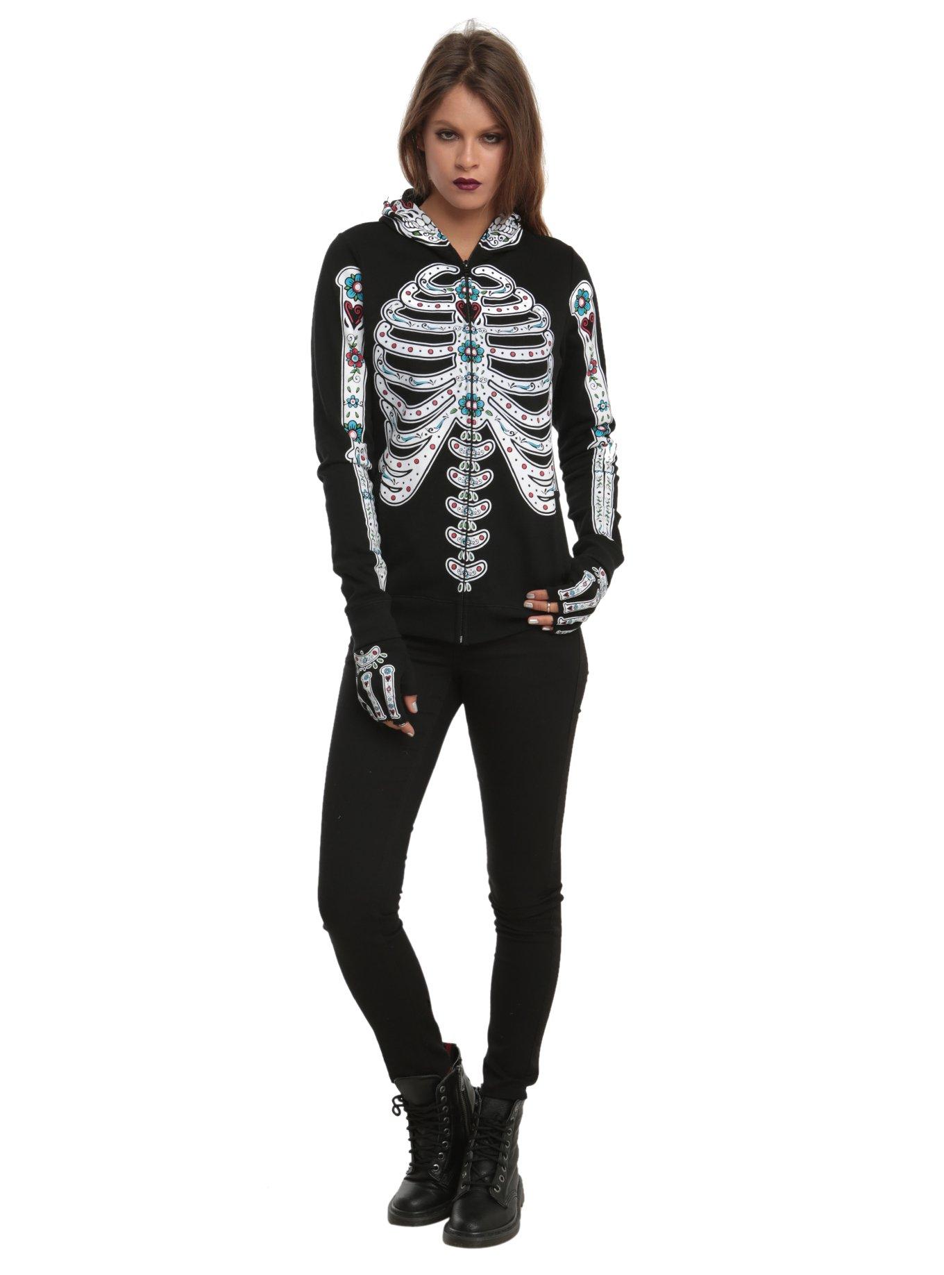 Glow-In-The-Dark Sugar Skull Girls Full Zip Hoodie, , alternate