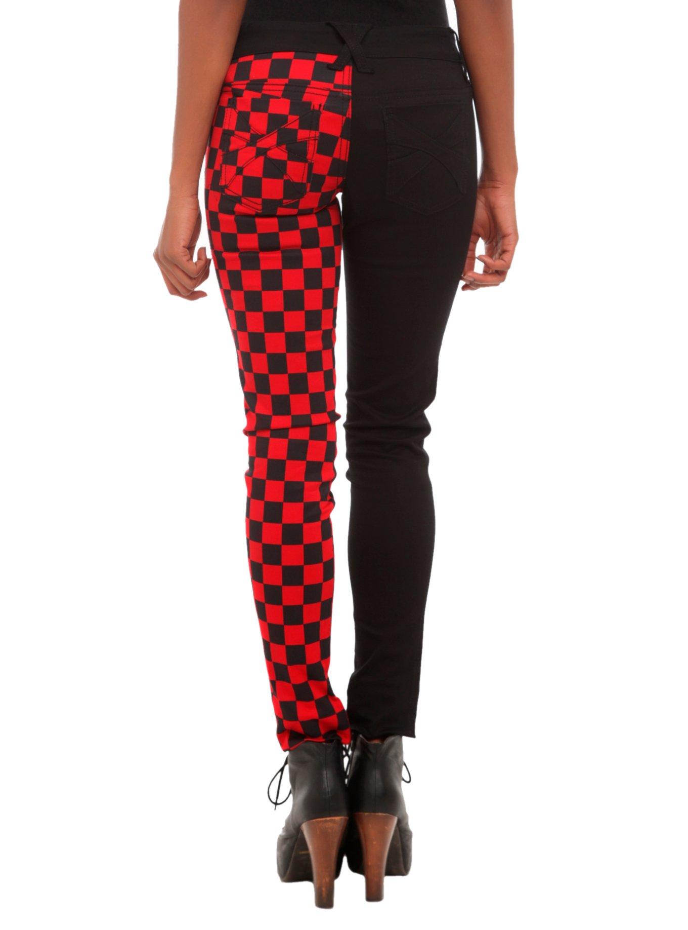 Royal Bones By Tripp Black & Red Checkered Split Leg Skinny Jeans, RED, alternate