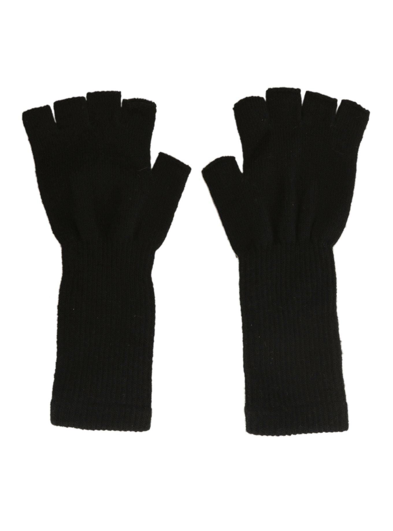 Black Knit Extended Cuff Fingerless Gloves, , alternate