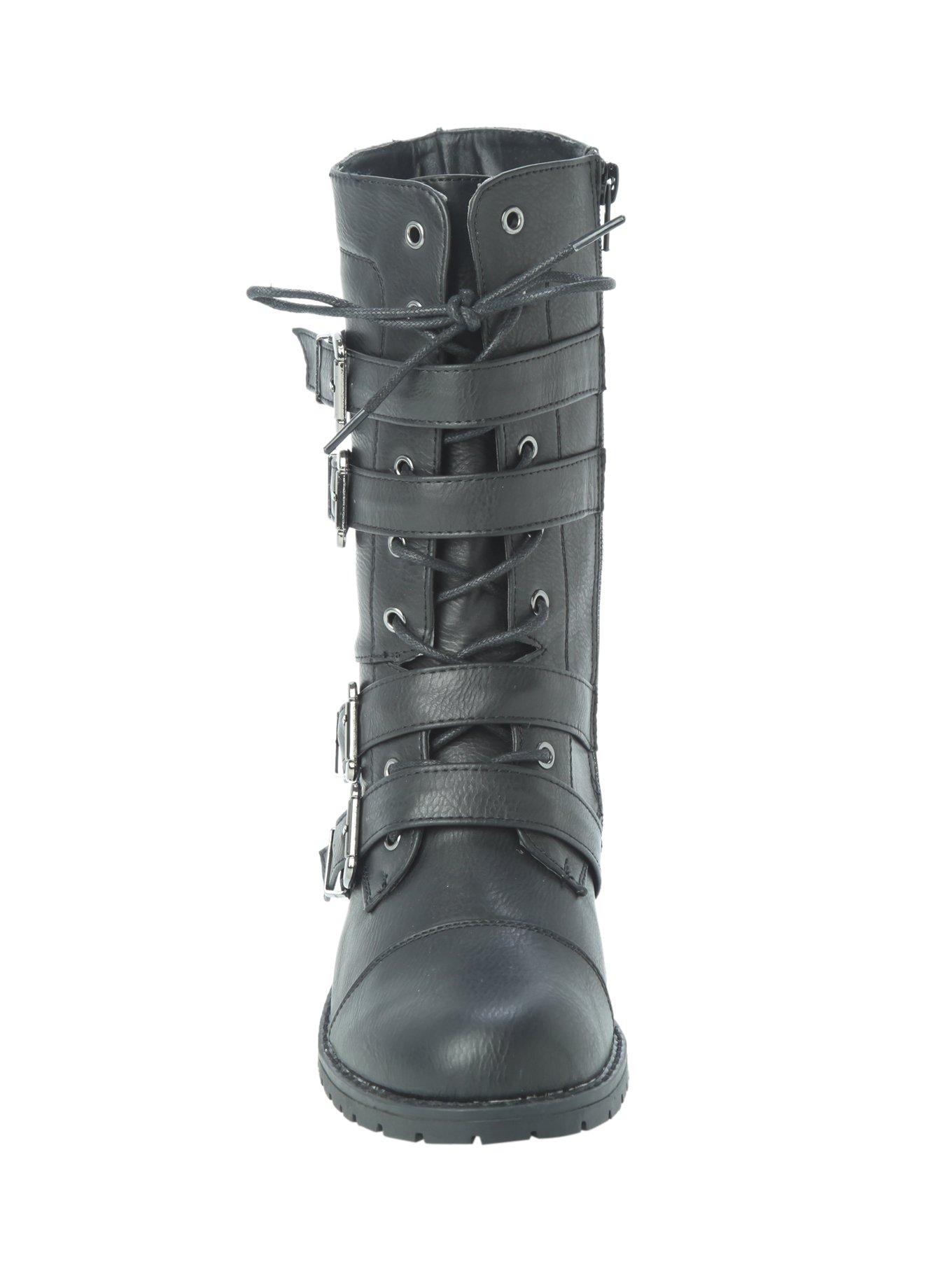 Black Four Buckle Strap Combat Boot, , alternate