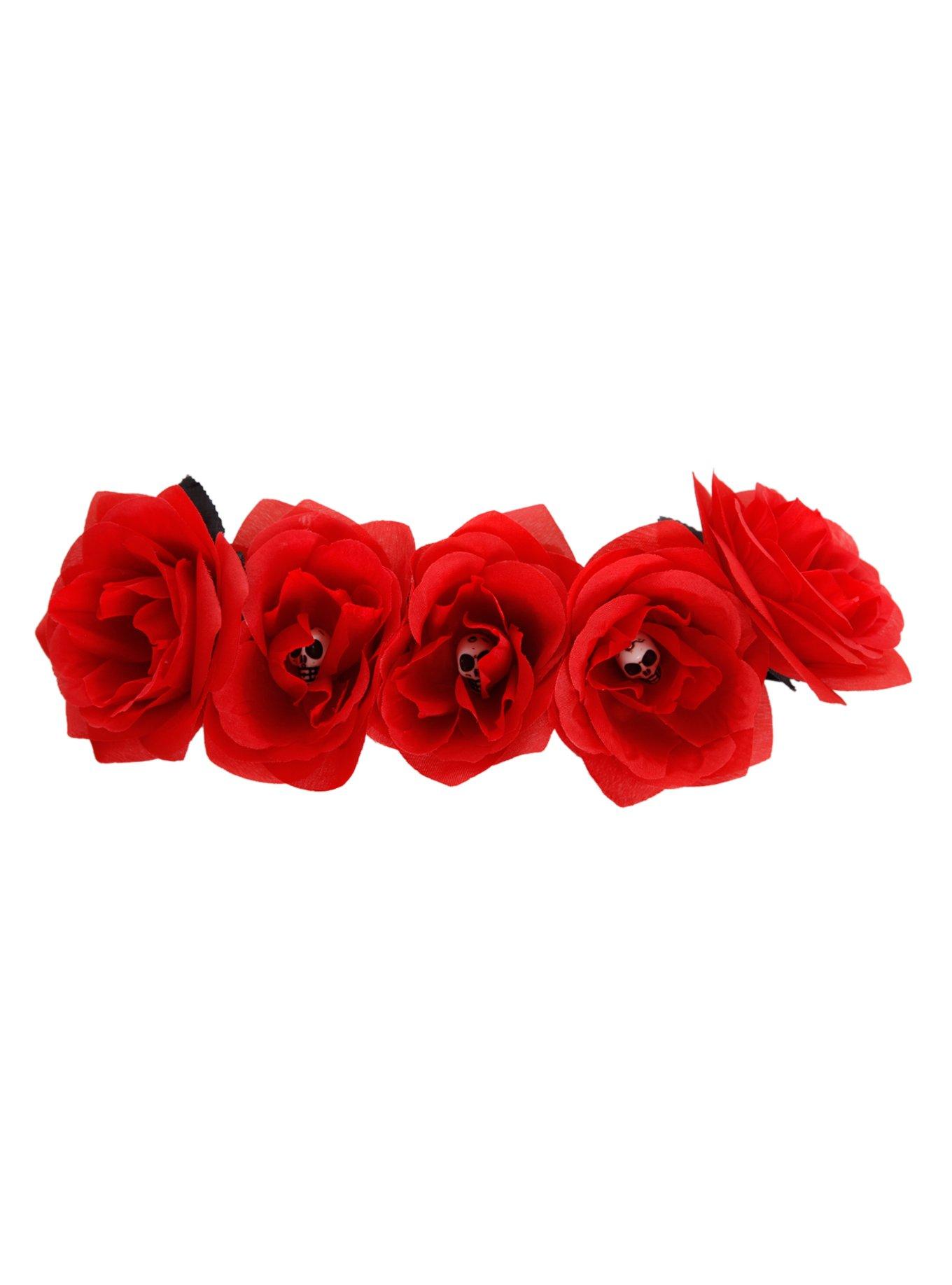 Red Rose And Skull Stretch Headband, , alternate
