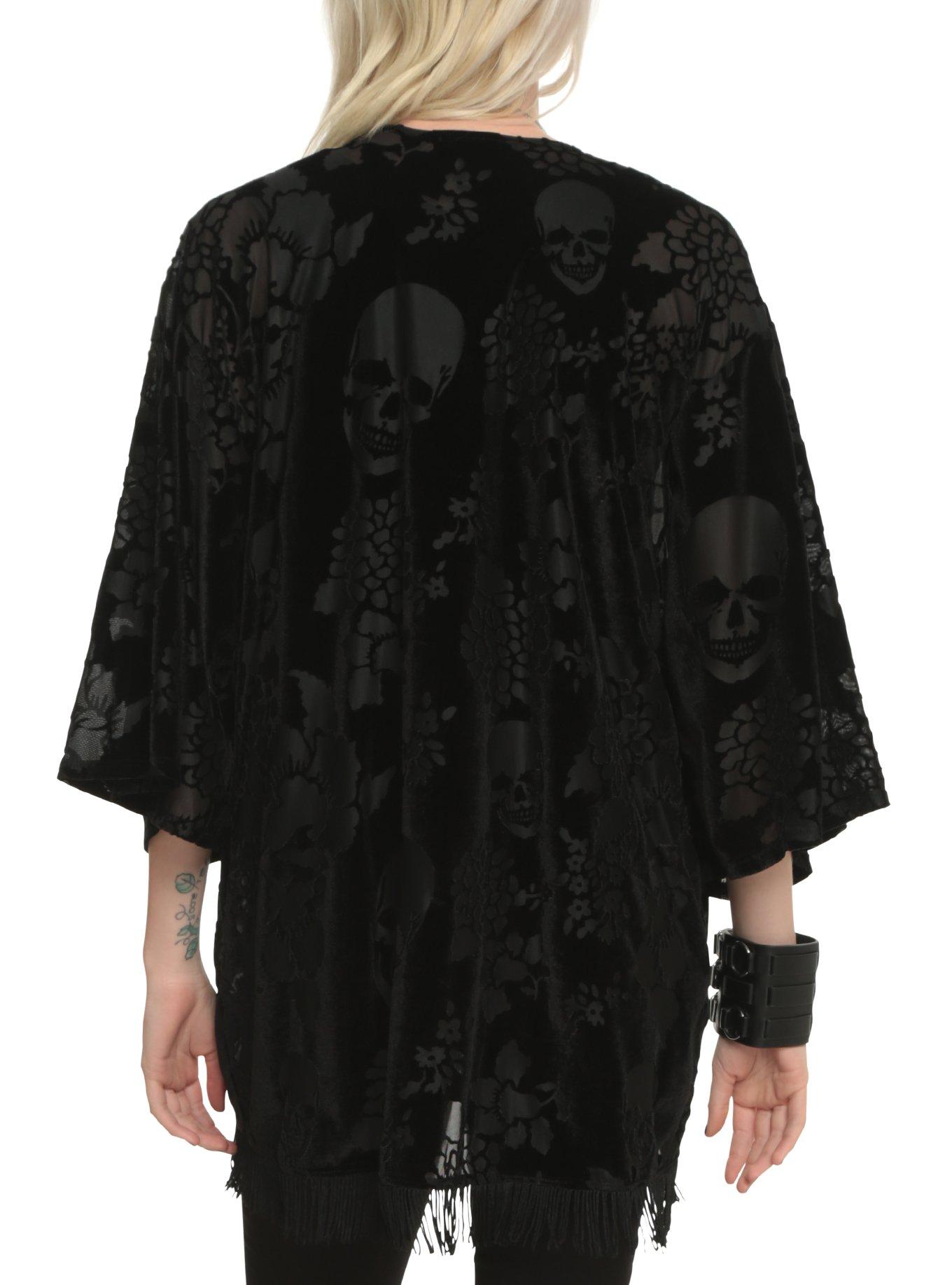 Black Burnout Skull Fringe Shawl, , alternate