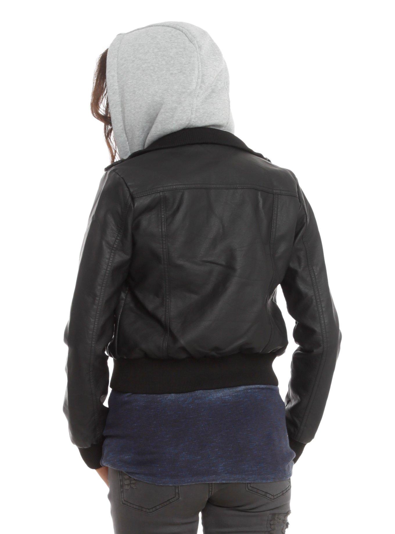 Black And Grey Faux Leather Zipper Hooded Jacket, , alternate