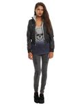 Black And Grey Faux Leather Zipper Hooded Jacket, , alternate