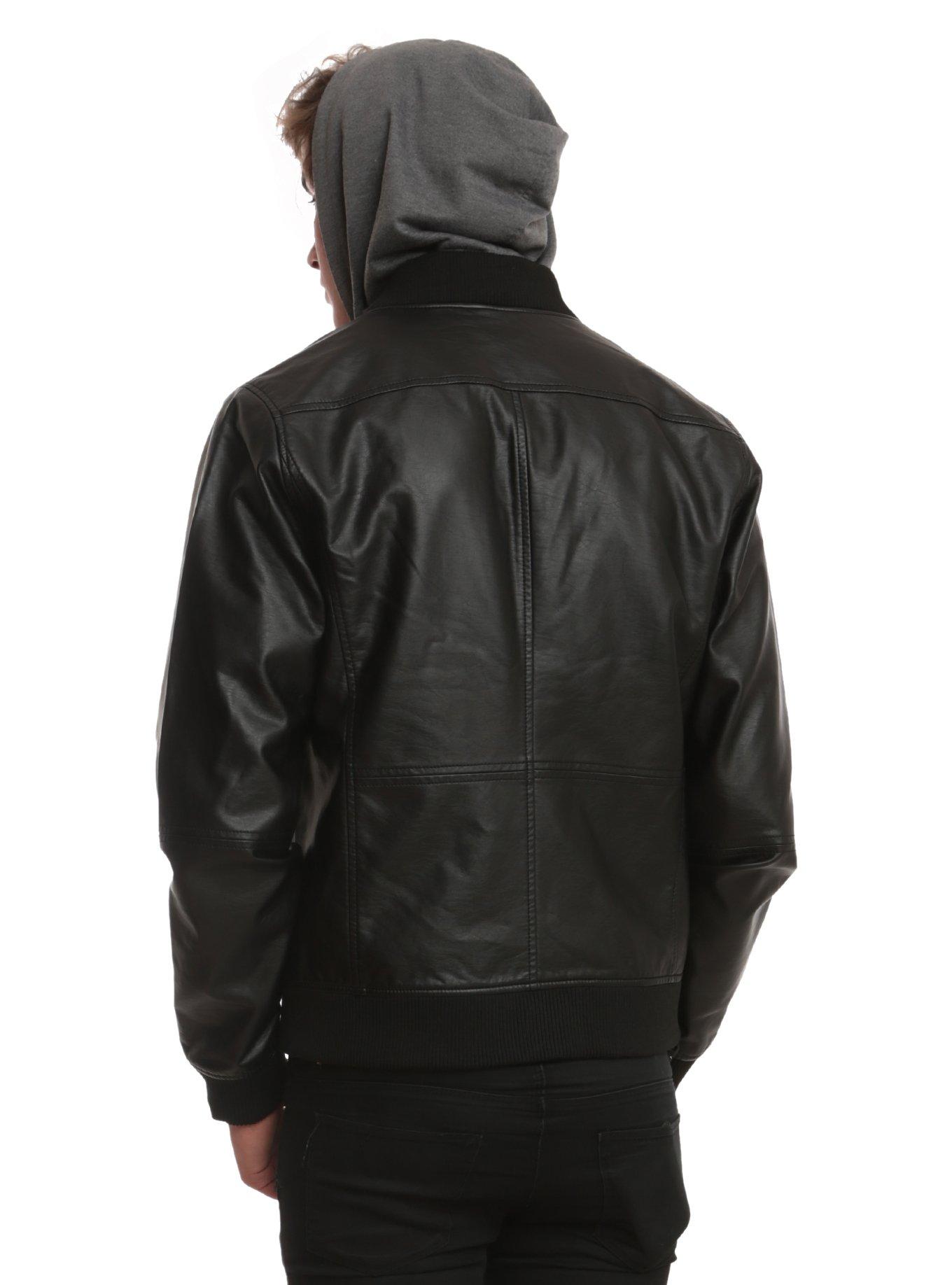 RUDE Black PU Hooded Bomber Jacket, , alternate