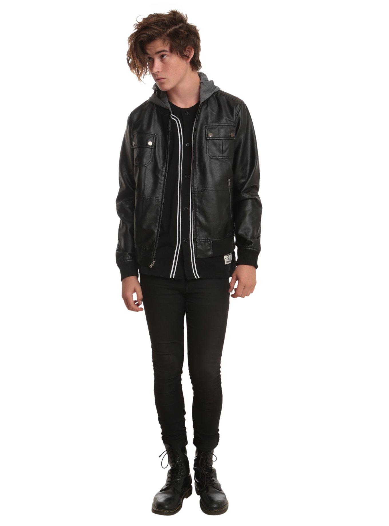 RUDE Black PU Hooded Bomber Jacket, , alternate