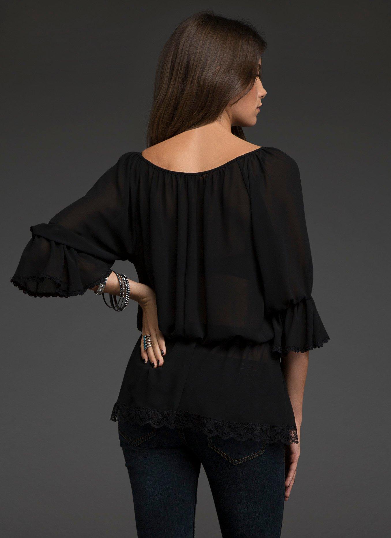 Lace Trim Chiffon Peasant Blouse, , alternate