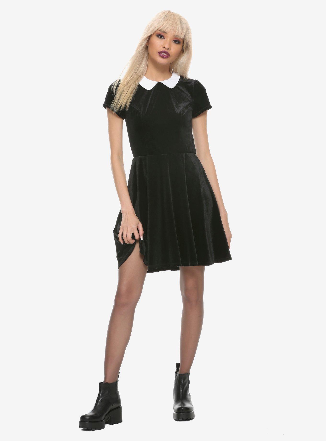 Black Velvet White Collar Dress, BLACK, alternate