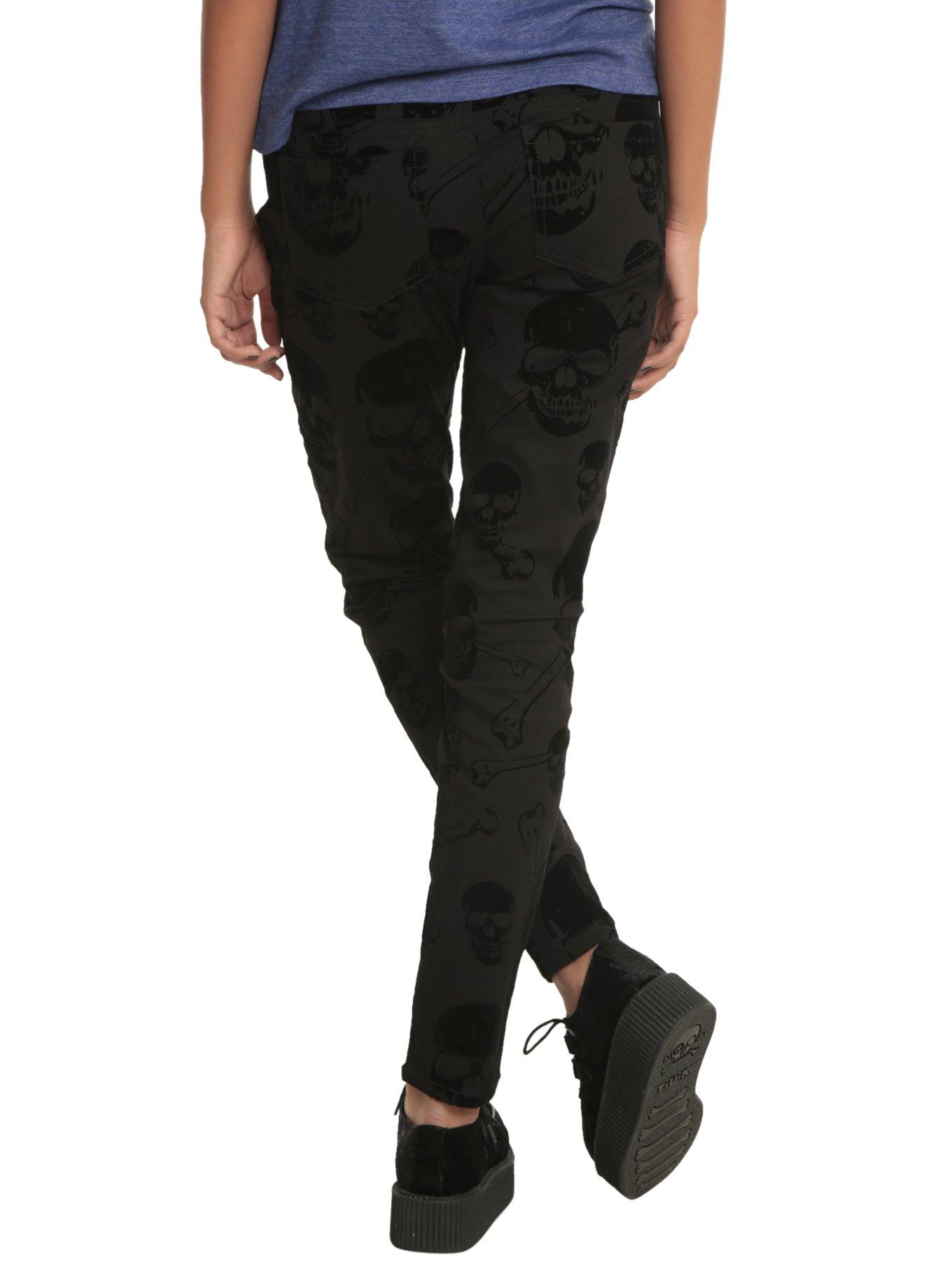 Royal Bone Black Flocked Skull Skinny Jeans, , alternate