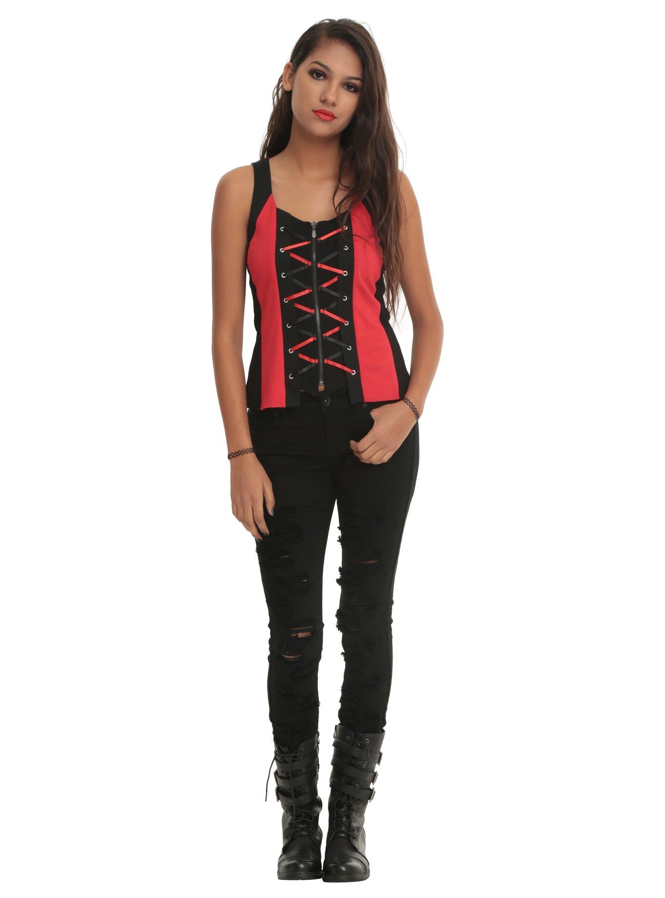 DC Comics Harleen Harley Quinn Lace-Up Top, , alternate