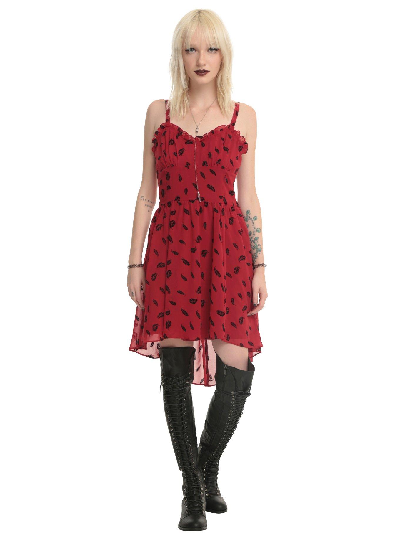 Royal Bones Red & Black Feather Hi-Lo Dress, , alternate