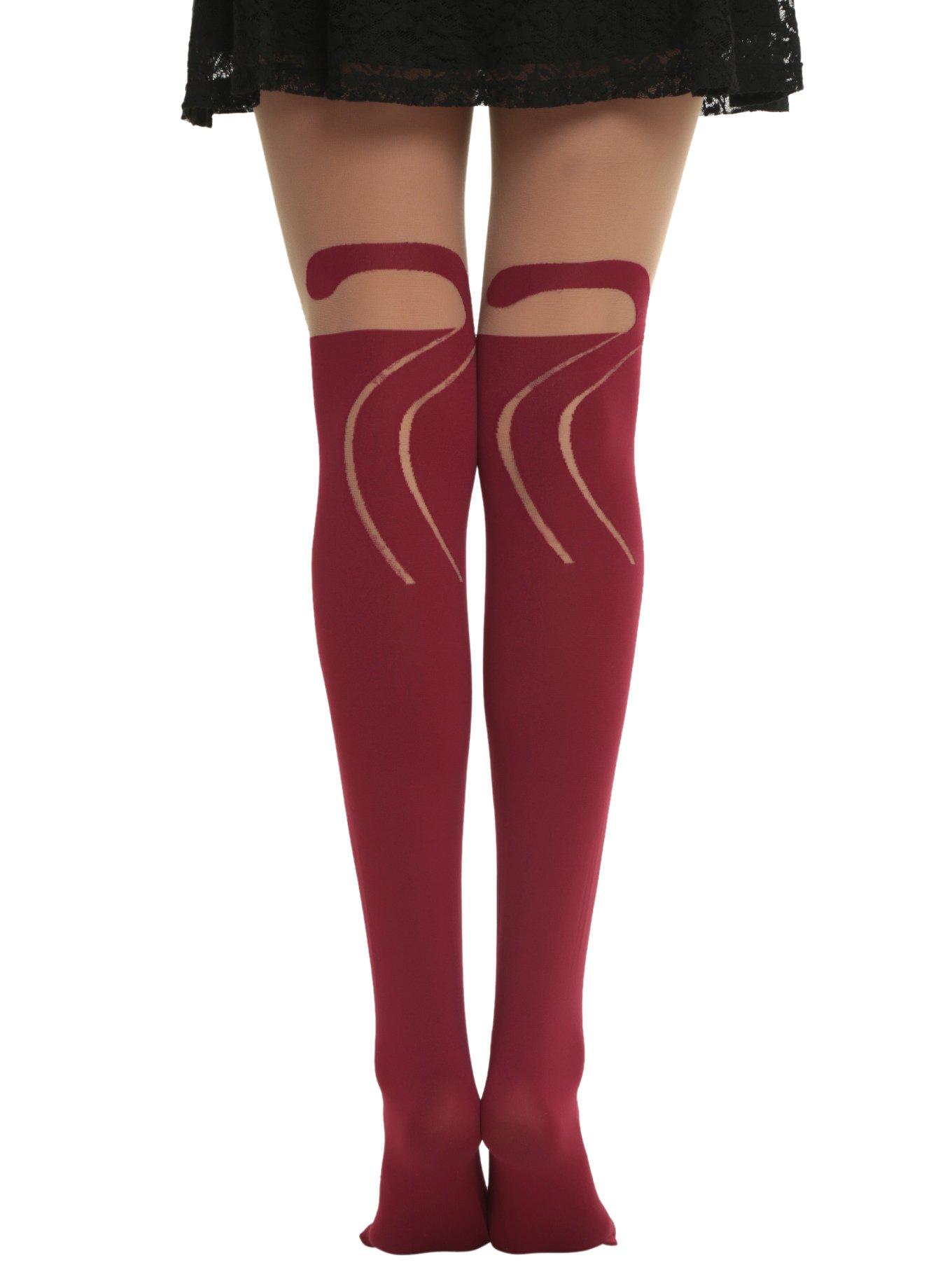 Burgundy Cat Faux Thigh High Tights, , alternate