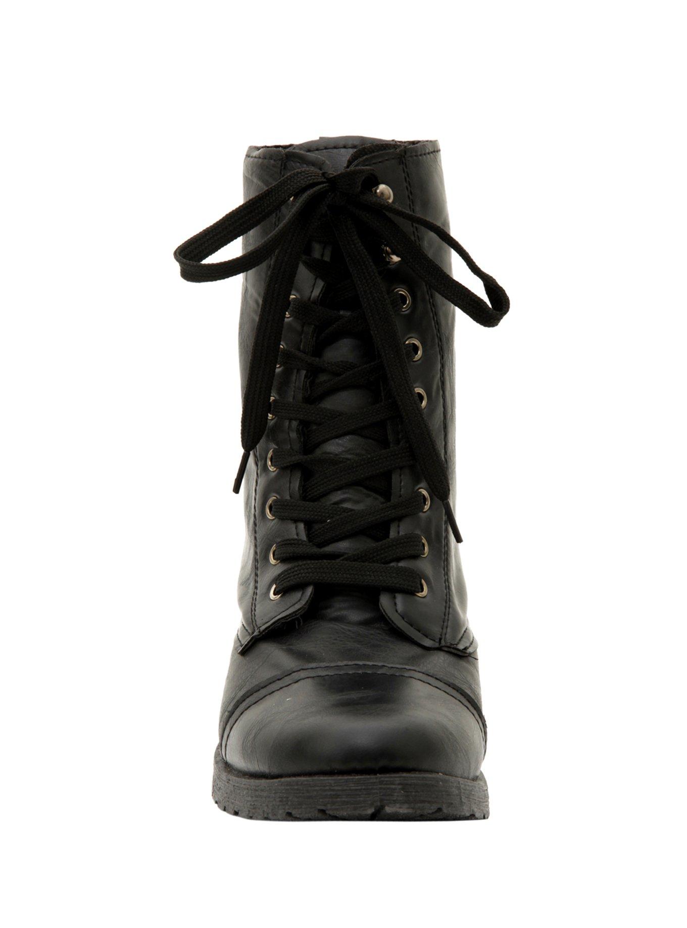 Black Floral Lined Combat Boots, BLACK, alternate