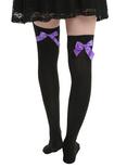 LOVEsick Black And Purple Bow Over-The-Knee Socks, , alternate