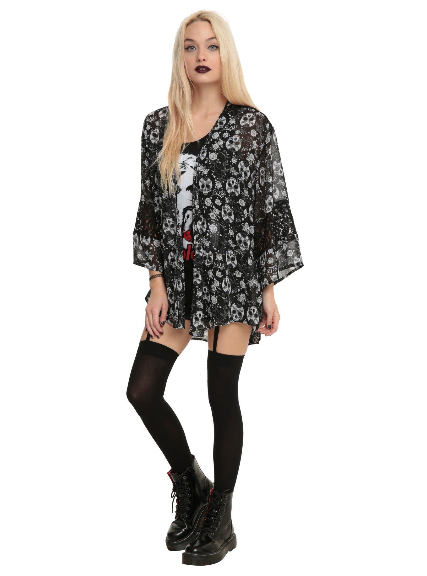 Sugar Skull Rose Kimono Top, , alternate