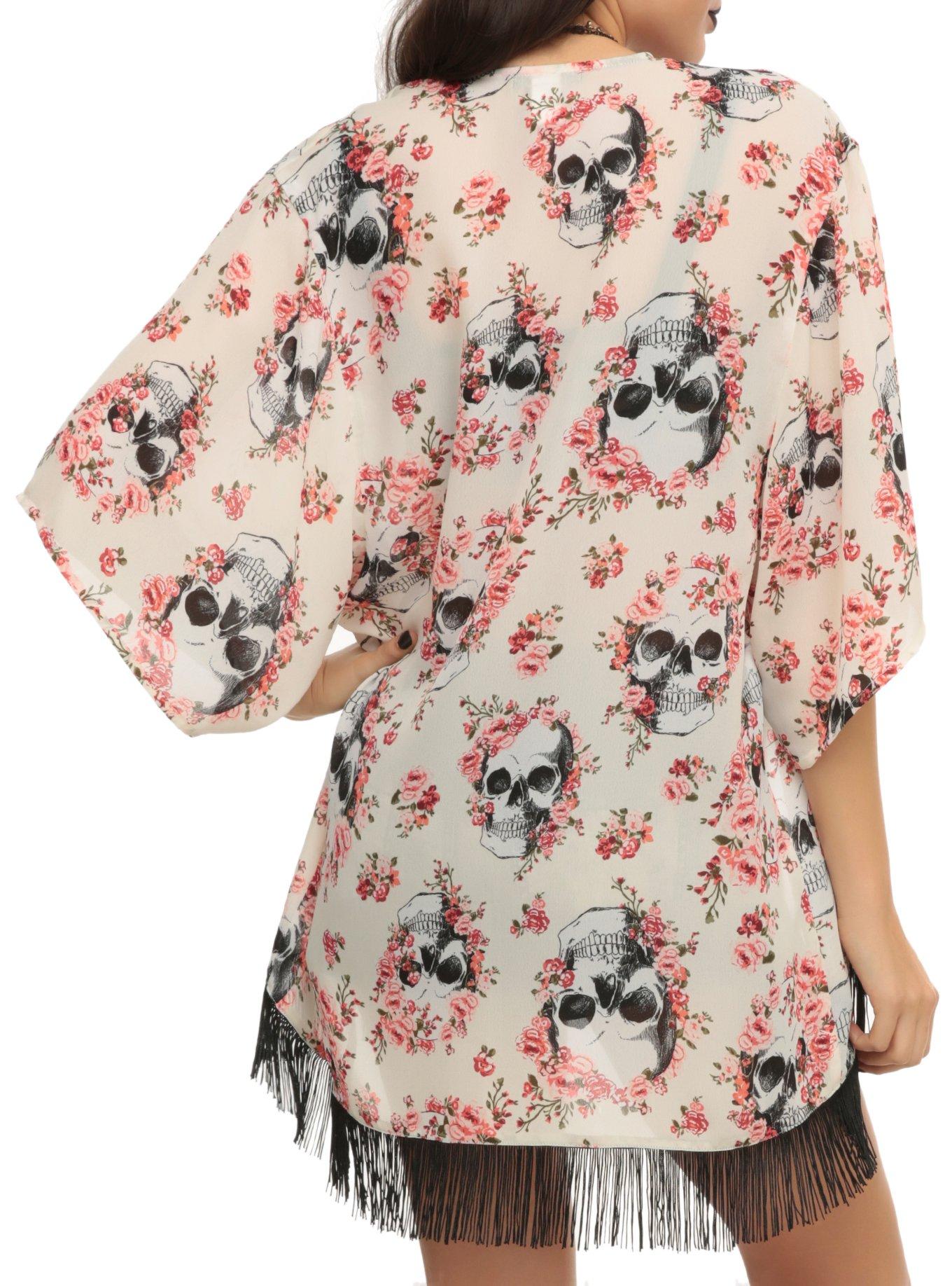 Skull Pink Floral Kimono Top, , alternate