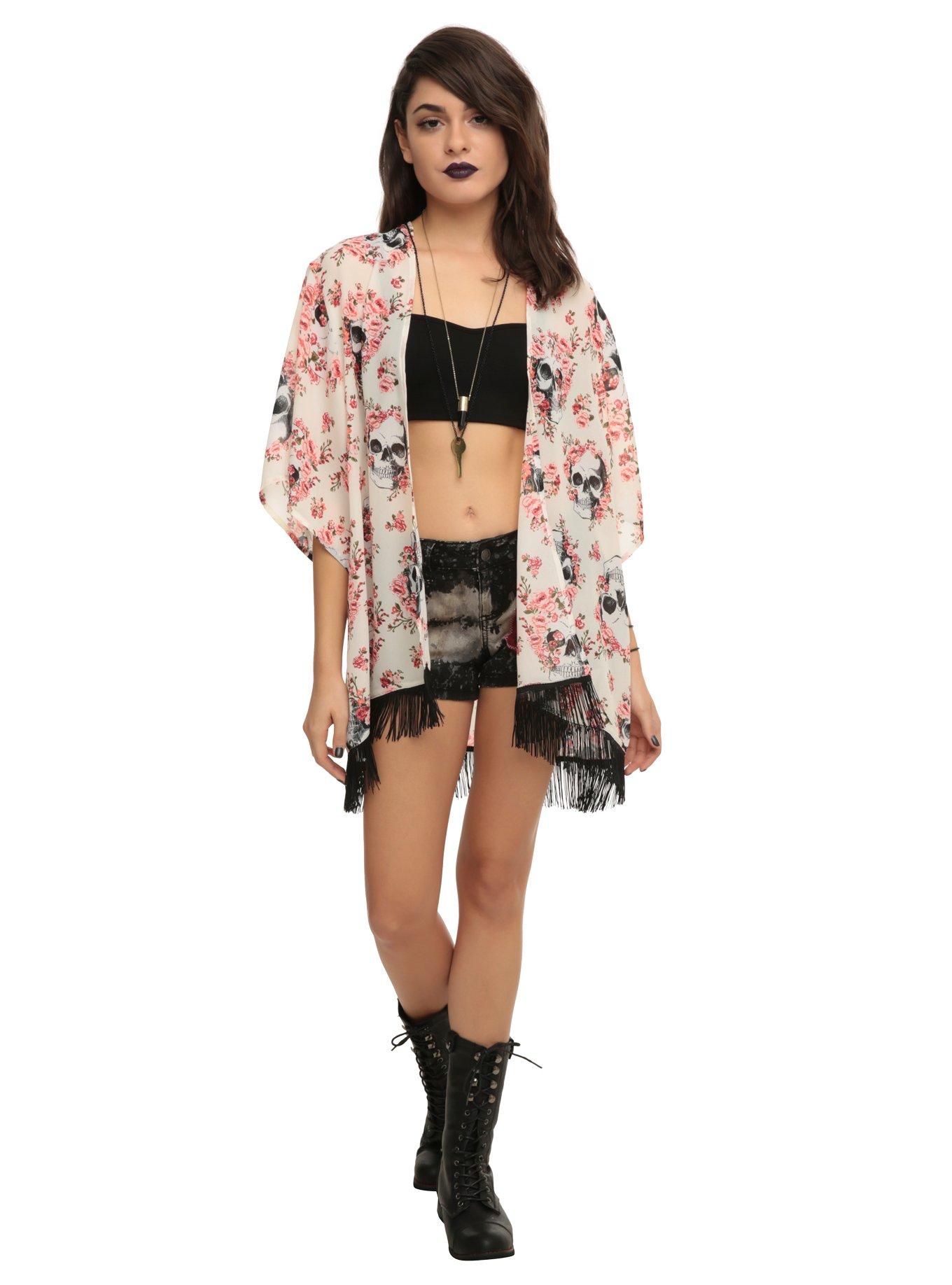 Skull Pink Floral Kimono Top, , alternate