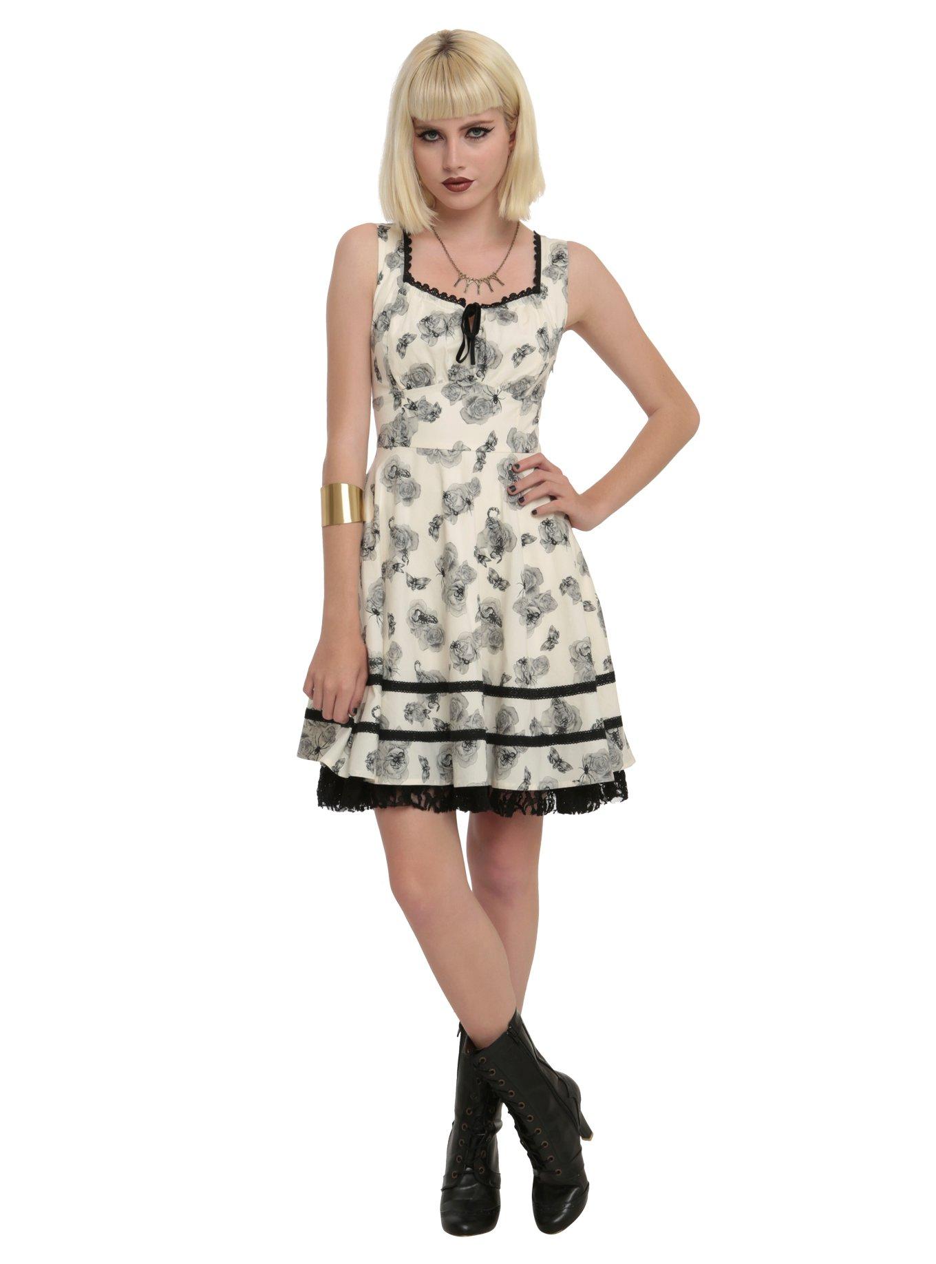 Floral Insect Printed Dress, BLACK, alternate