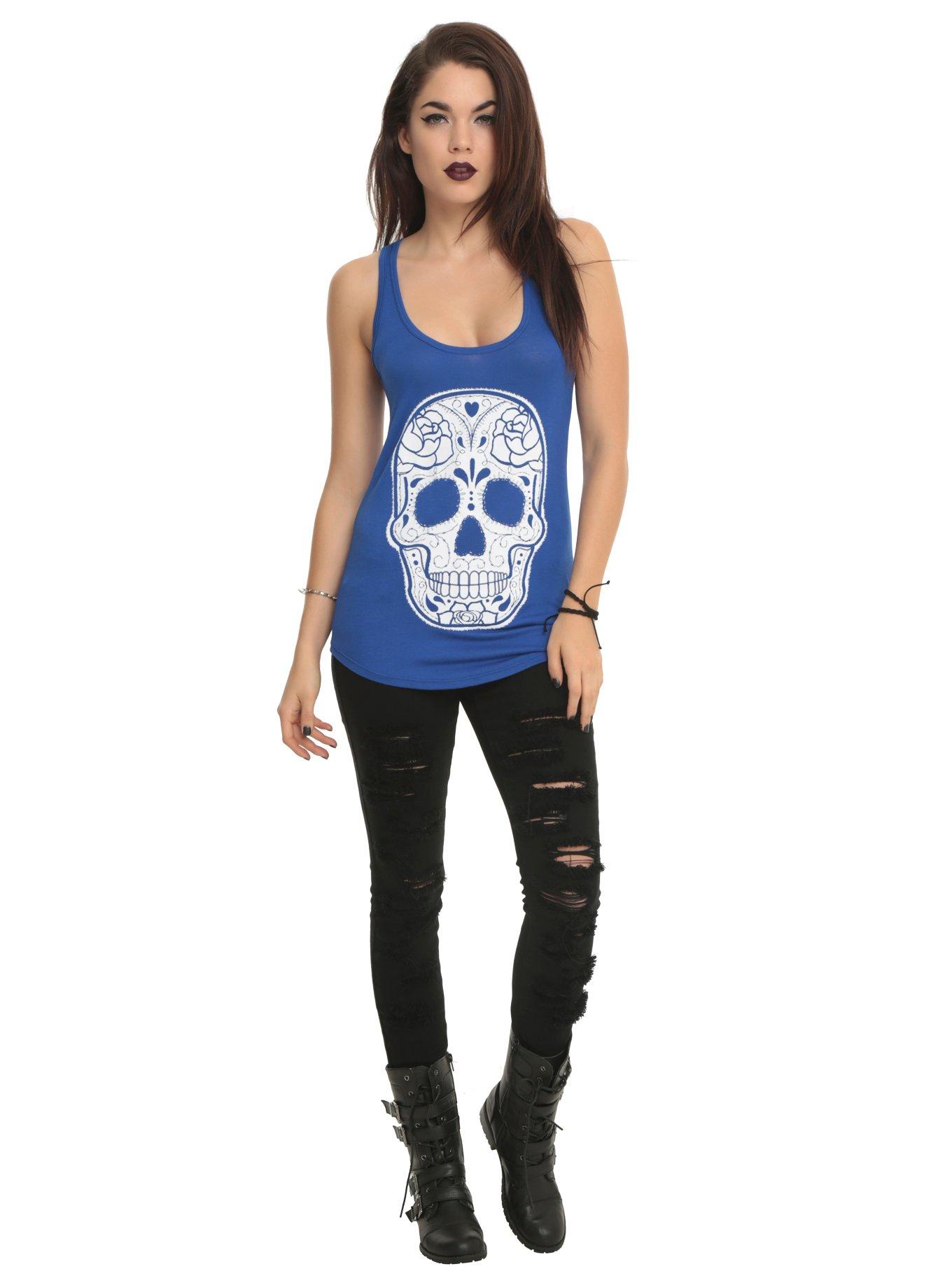 Blue Sugar Skull Girls Tank Top, , alternate