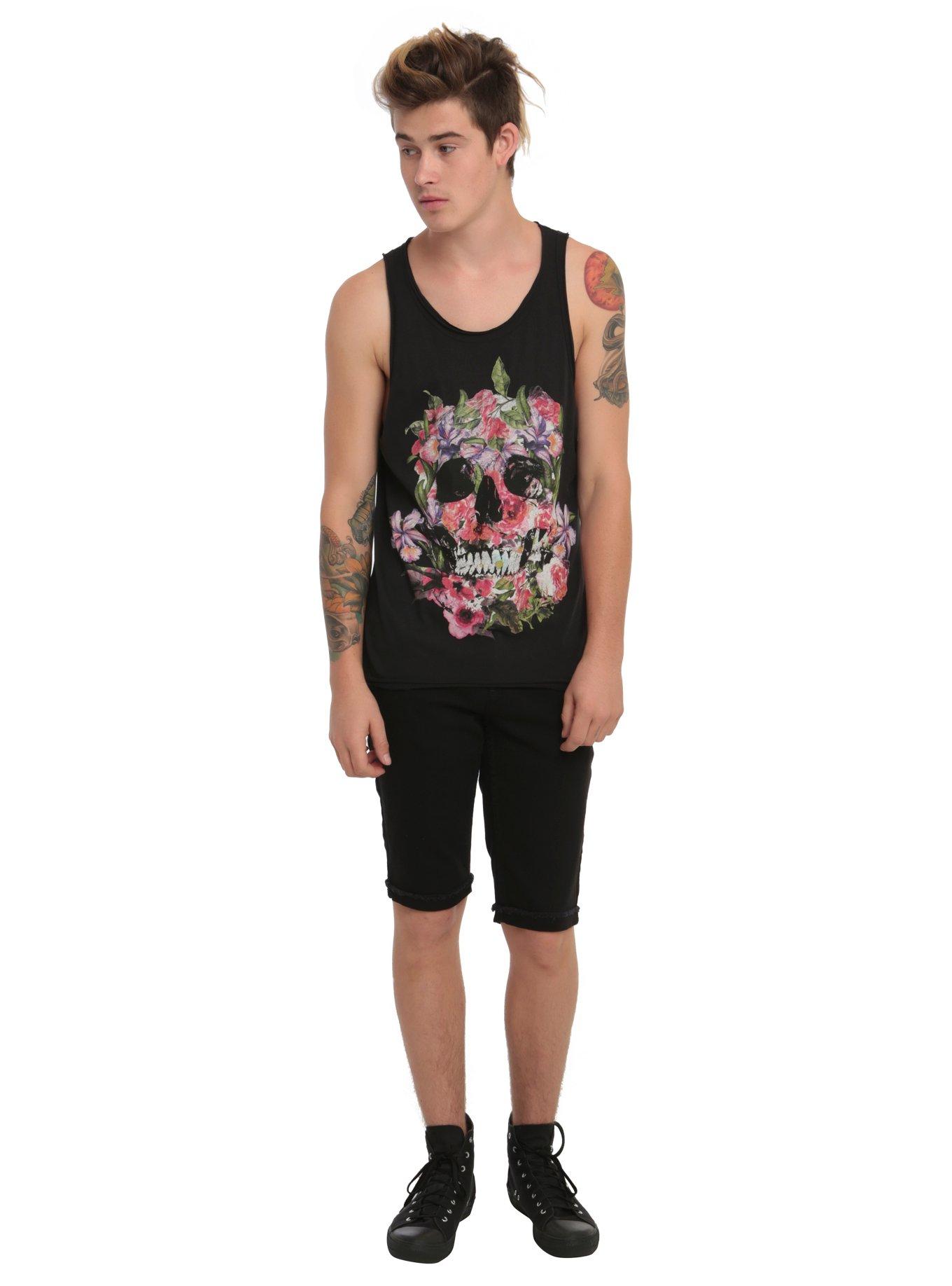 RUDE Floral Skull Tank Top, BLACK, alternate