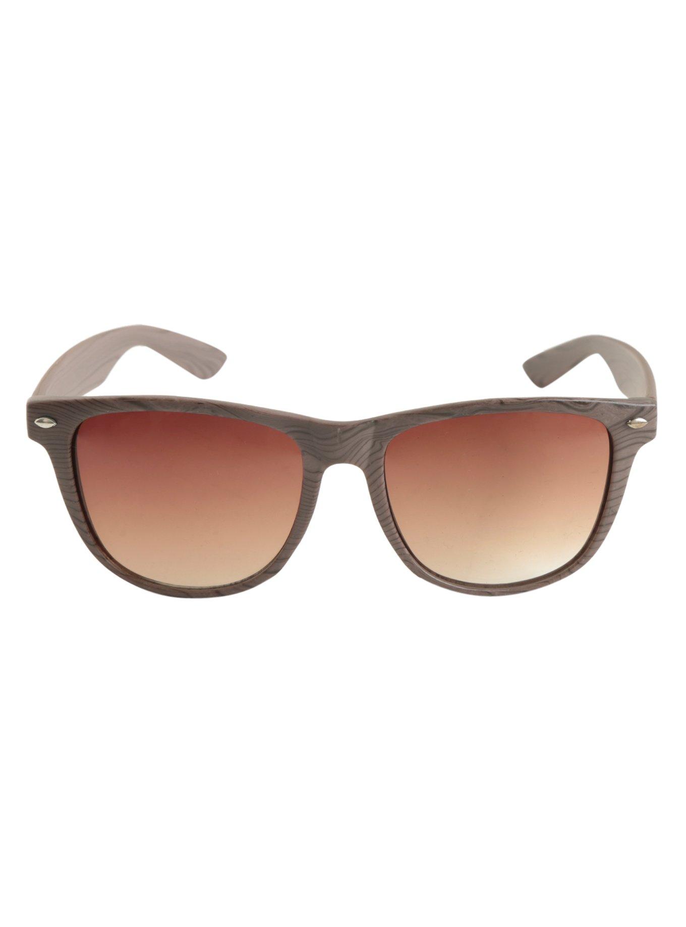 Brown Faux Wood Retro Sunglasses, , alternate
