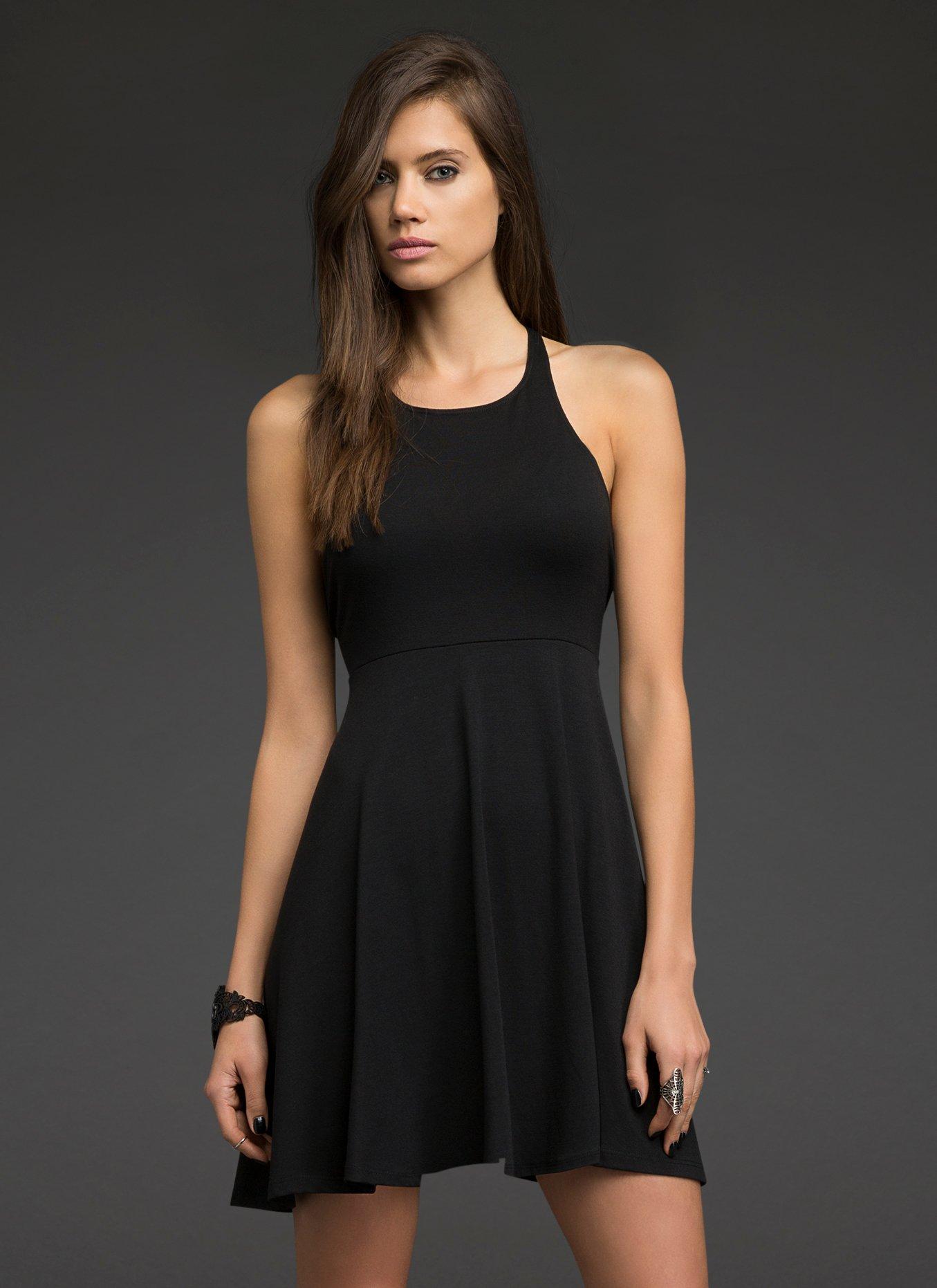 Halter T-Strap Skater Dress, BLACK, alternate