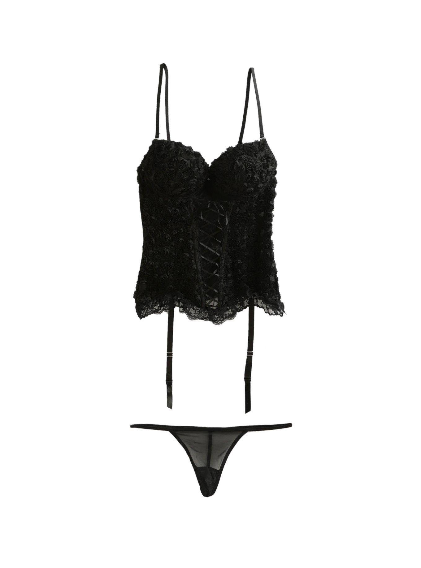 Black Rose Lace-Up Bustier Set, , alternate