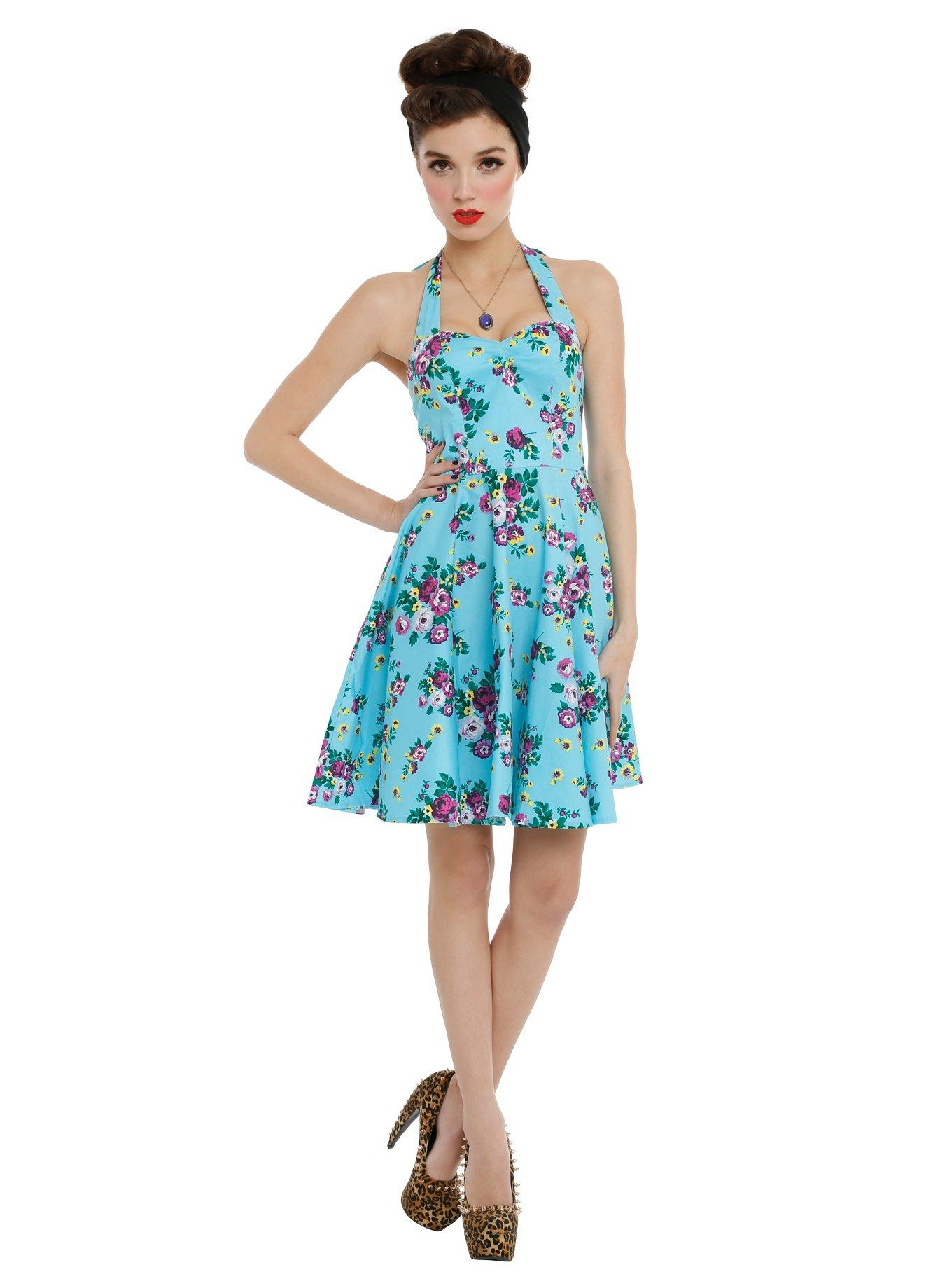 Hell Bunny Turquoise Floral Halter Dress, TURQUOISE, alternate