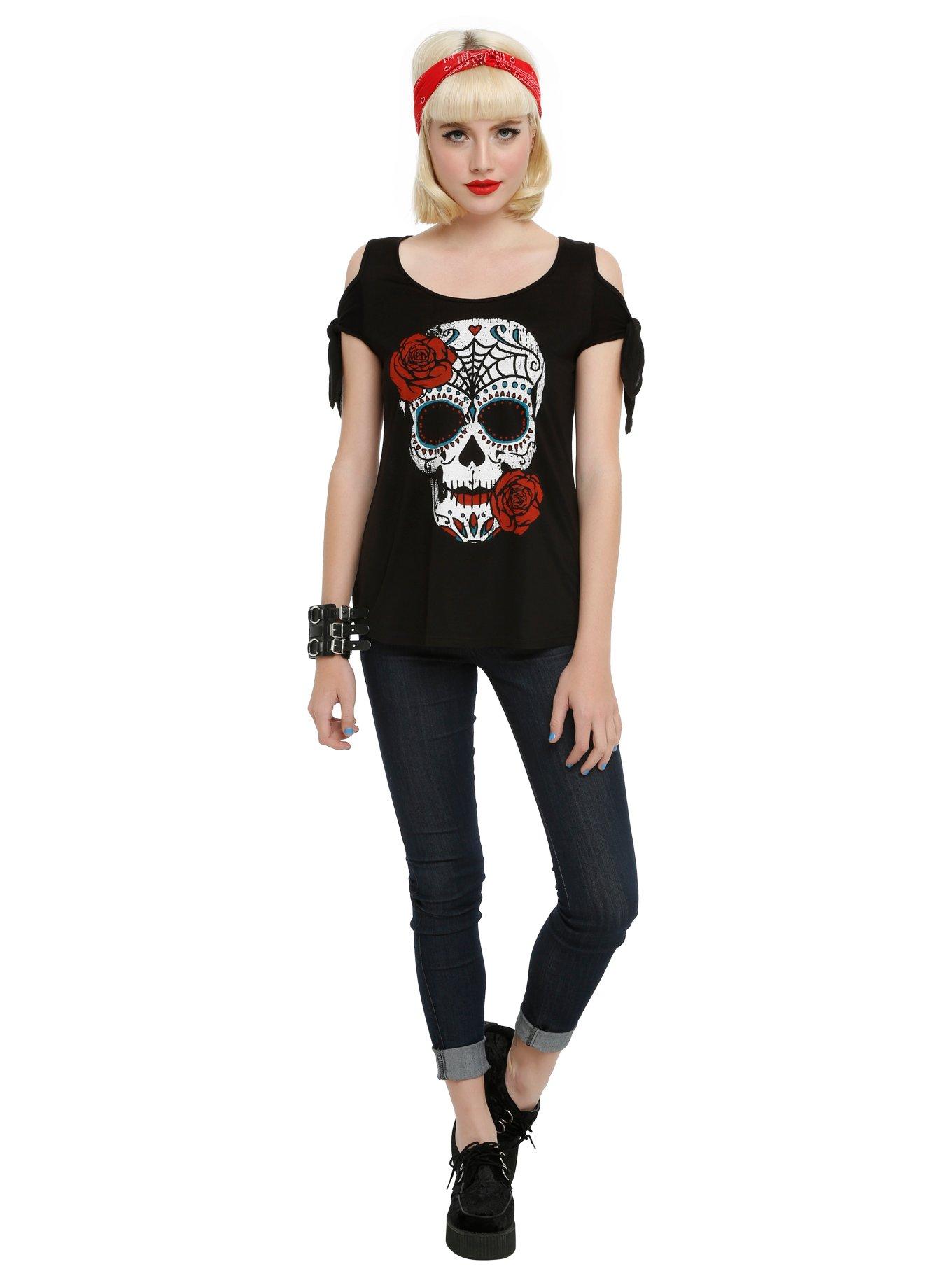Sugar Skull Rose Cold Shoulder Top, , alternate