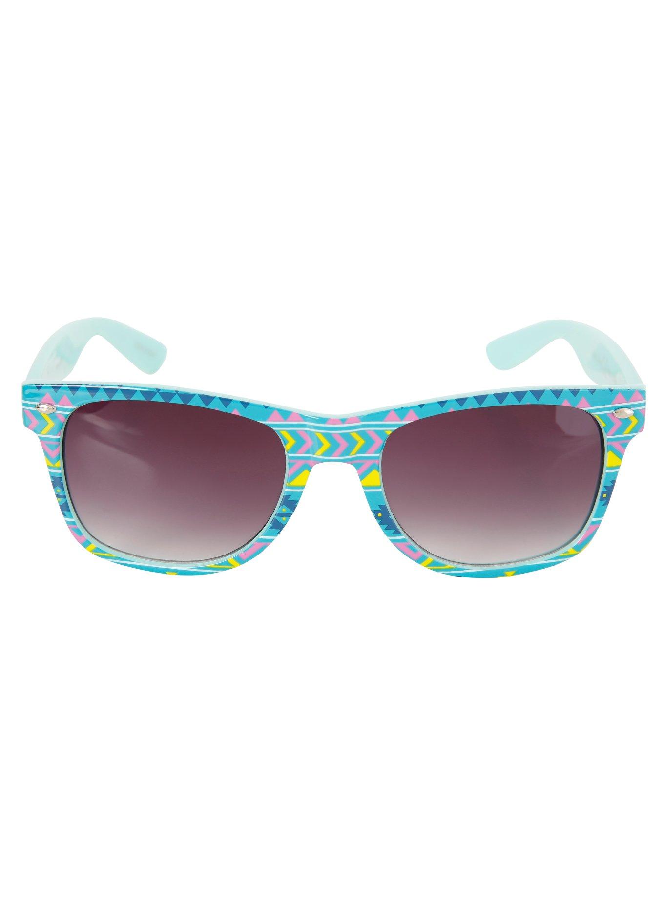 Mint Neon Native Print Retro Sunglasses, , alternate