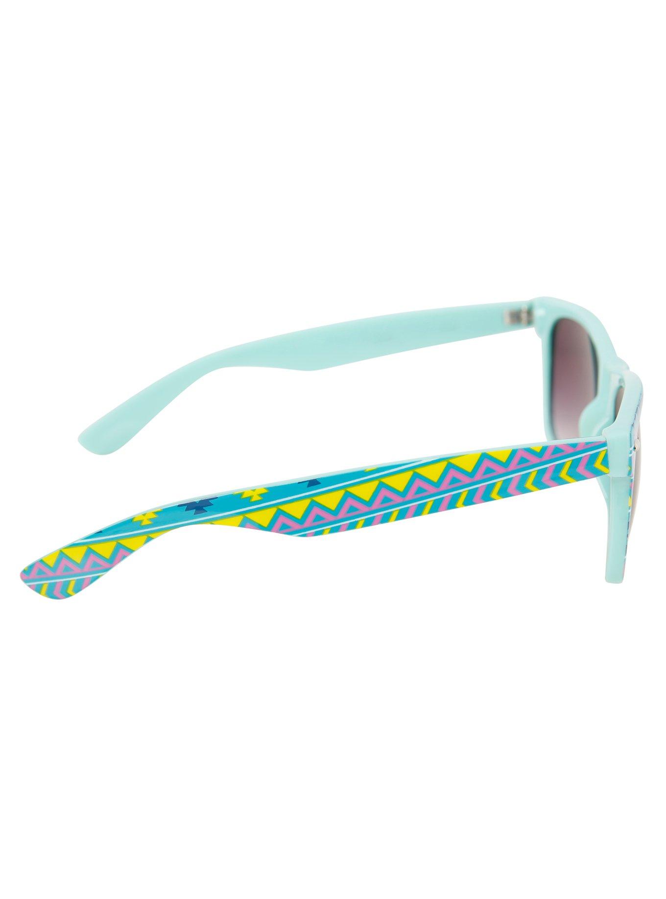 Mint Neon Native Print Retro Sunglasses, , alternate