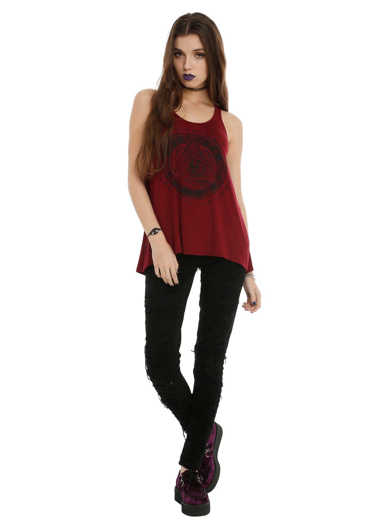 Burgundy Abstract Eye Girls Tank Top, RED, alternate