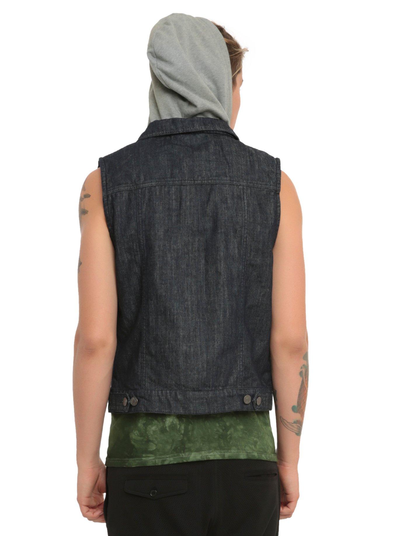 Dark Blue Denim Hooded Vest, , alternate