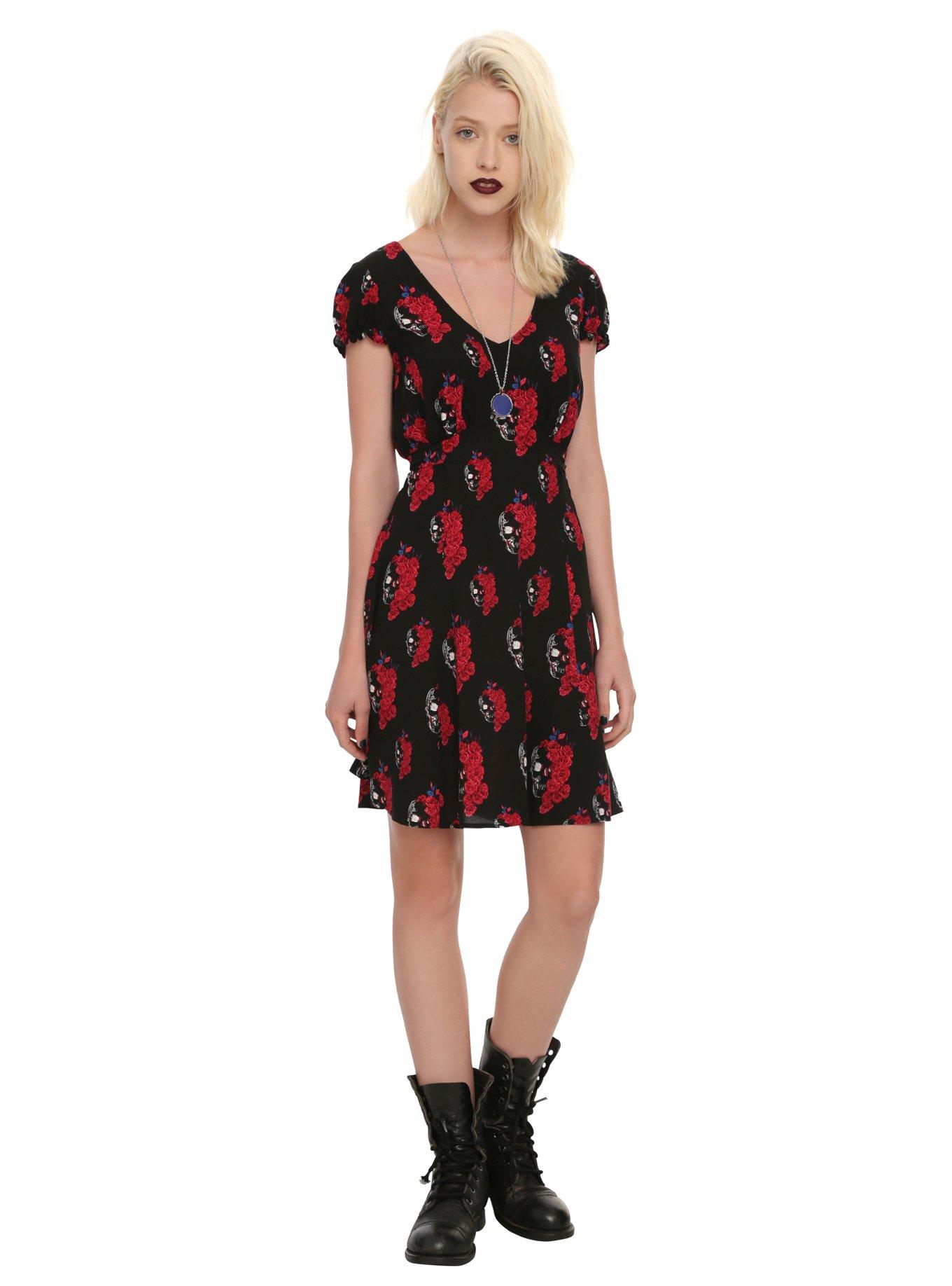 Royal Bones By Tripp Red & Black Floral Skull Dress, , alternate