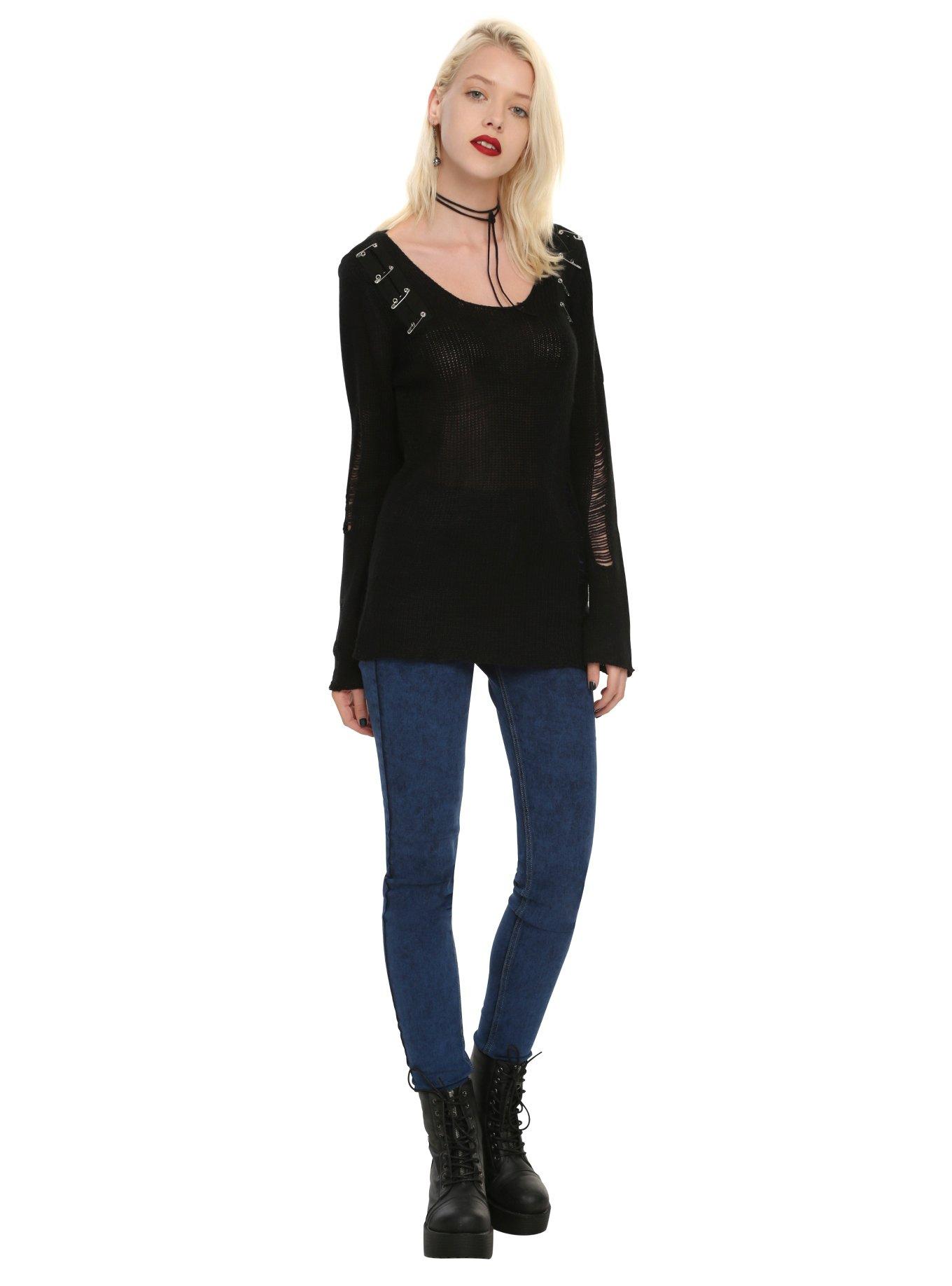 Royal Bones By Tripp Safety Pin Destructed Girls Sweater, BLACK, alternate