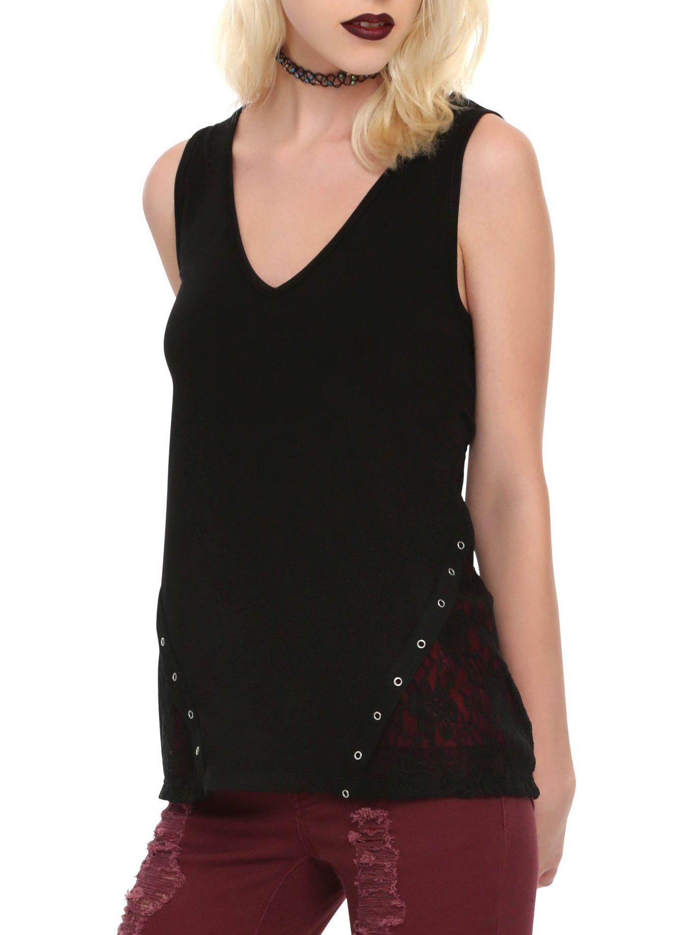 Black & Burgundy Lace Grommet Girls Tank Top, BLACK, alternate