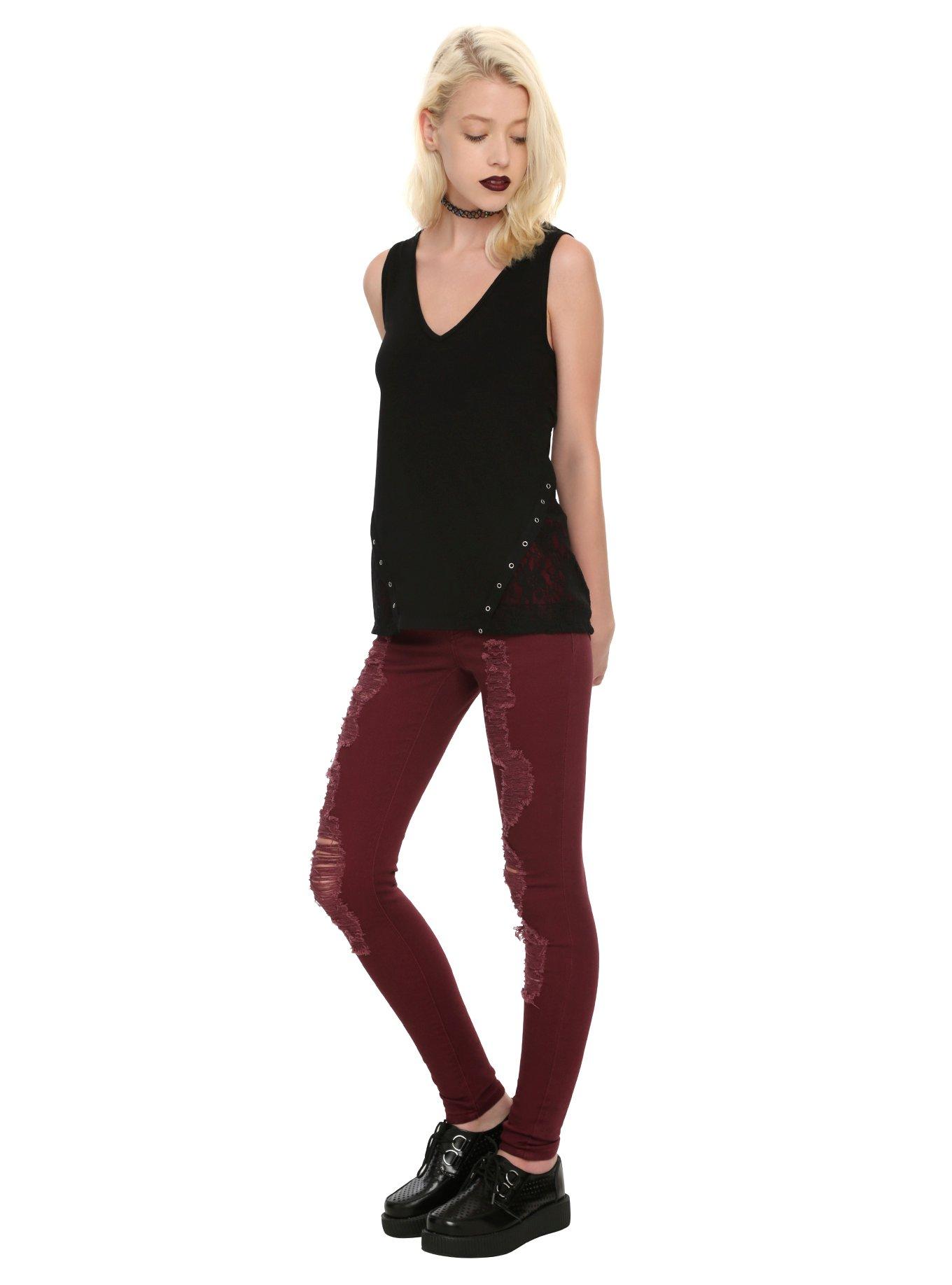 Black & Burgundy Lace Grommet Girls Tank Top, BLACK, alternate